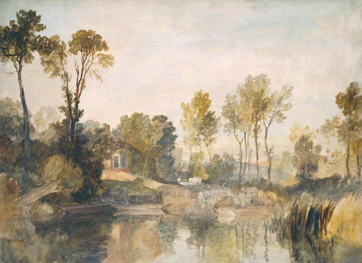 Reproduction du tableau « House beside the River, with Trees and Sheep - J. M. W. Turner » par Alpha Reproduction en peinture à l’huile