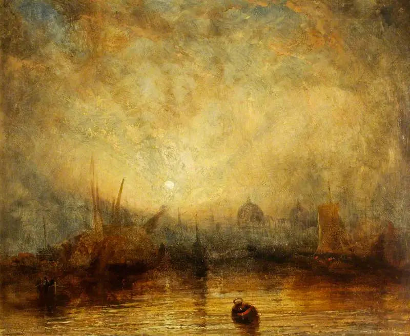 Seilbåter og Andre Fartøy ved Solnedgang med Utsikt mot Kuppelen til en By (sannsynligvis Venezia) - J. M. W. Turner