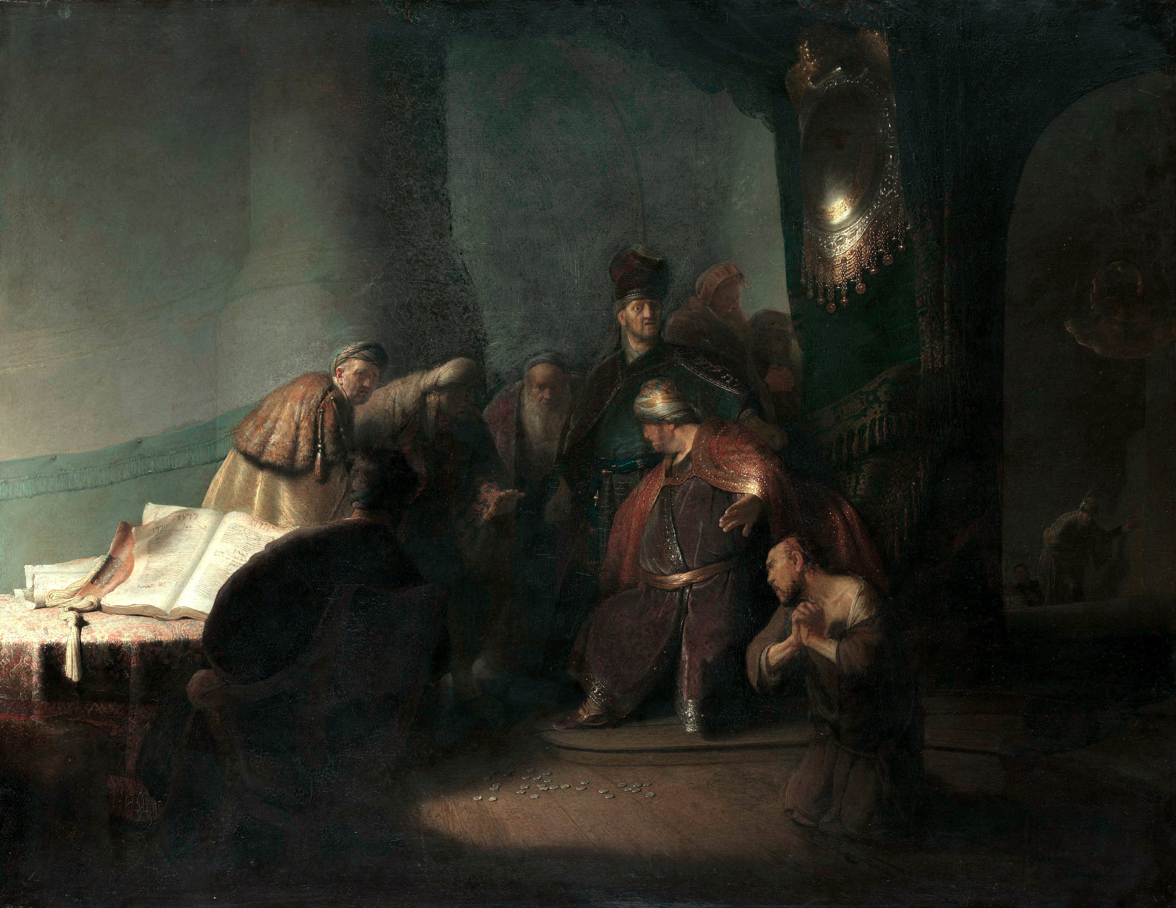 Reproduction du tableau « Judas rend les trente deniers - Rembrandt » par Alpha Reproduction en peinture à l’huile