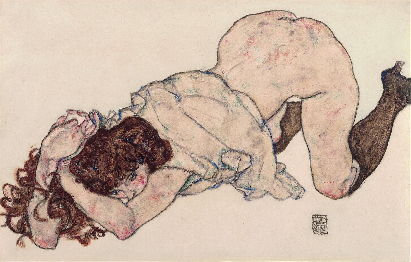 ✨ Ung jente på kne, støttet på albuene – Egon Schiele (1917)
