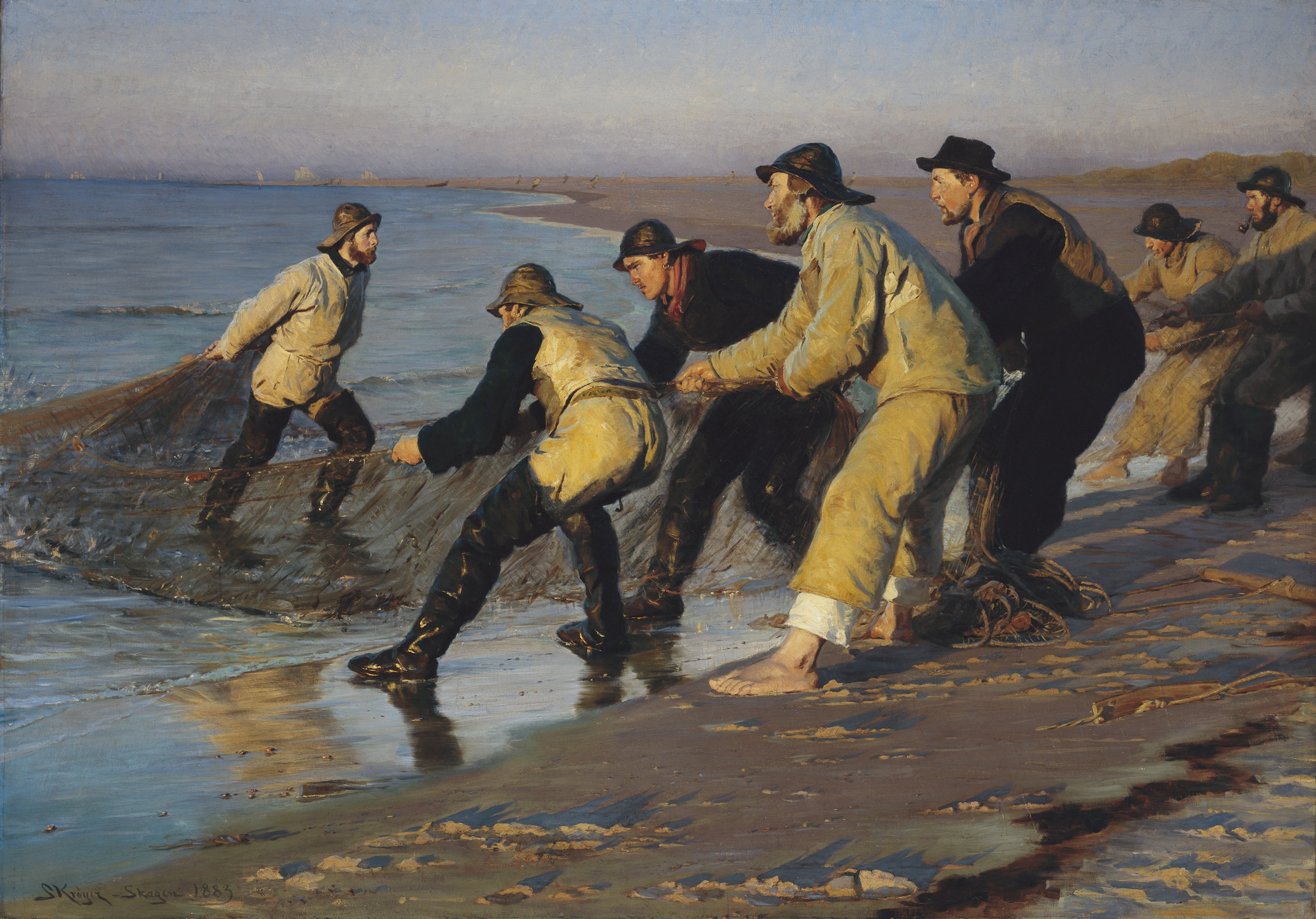 Des pêcheurs remontent leurs filets à la plage nord de Skagen. Fin d'après-midi. - Peder Severin Krøyer