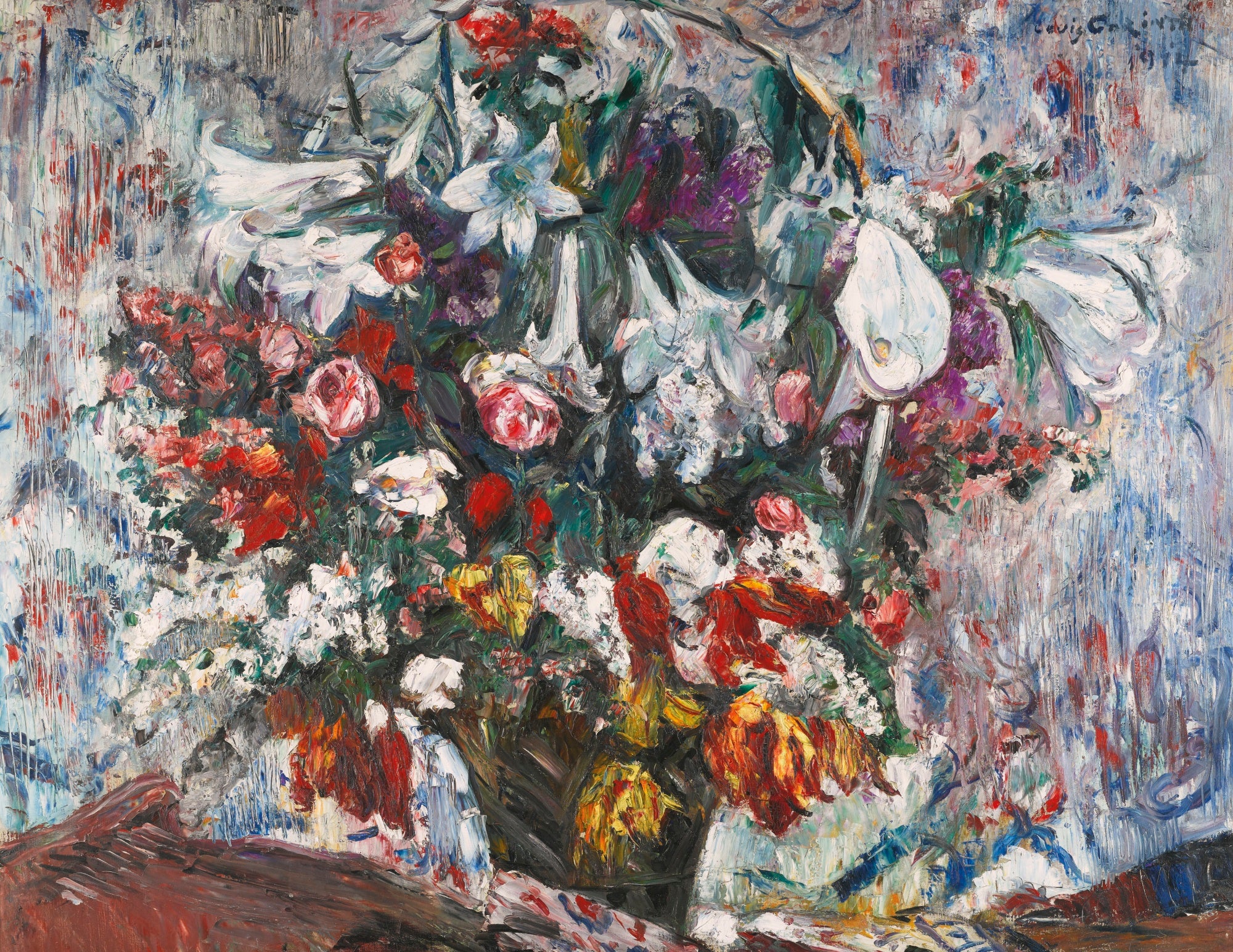 Panier de fleurs avec amaryllis, lilas, roses et tulipes - Lovis Corinth