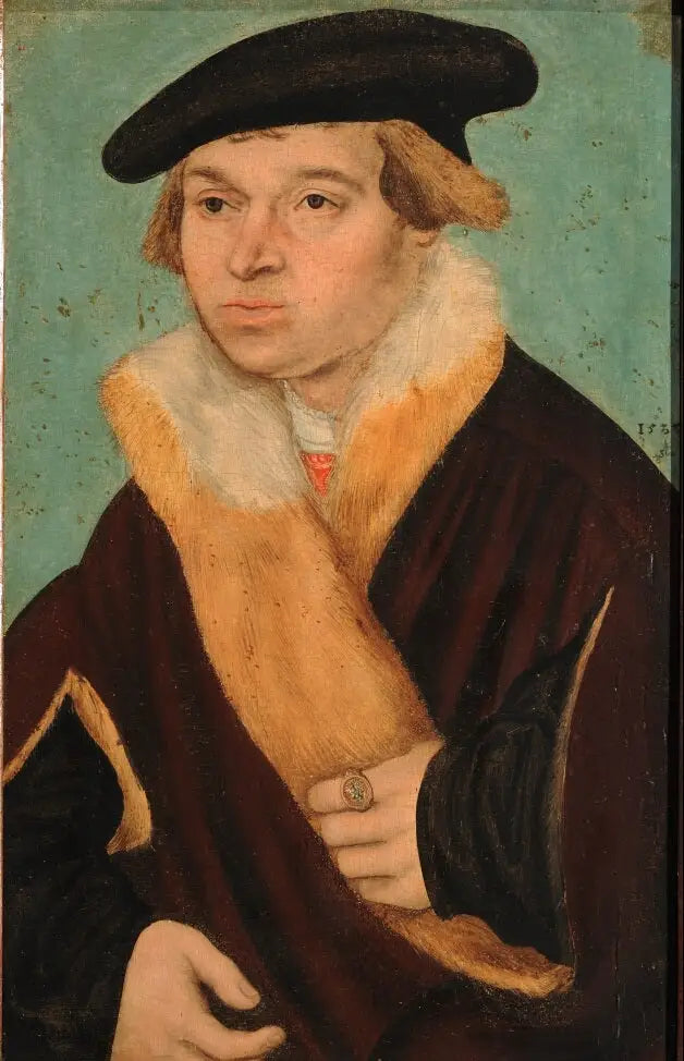 Portrait d’un jeune homme rasé de près dans un manteau garni de fourrure lumière - Lucas Cranach the Elder - Alpha