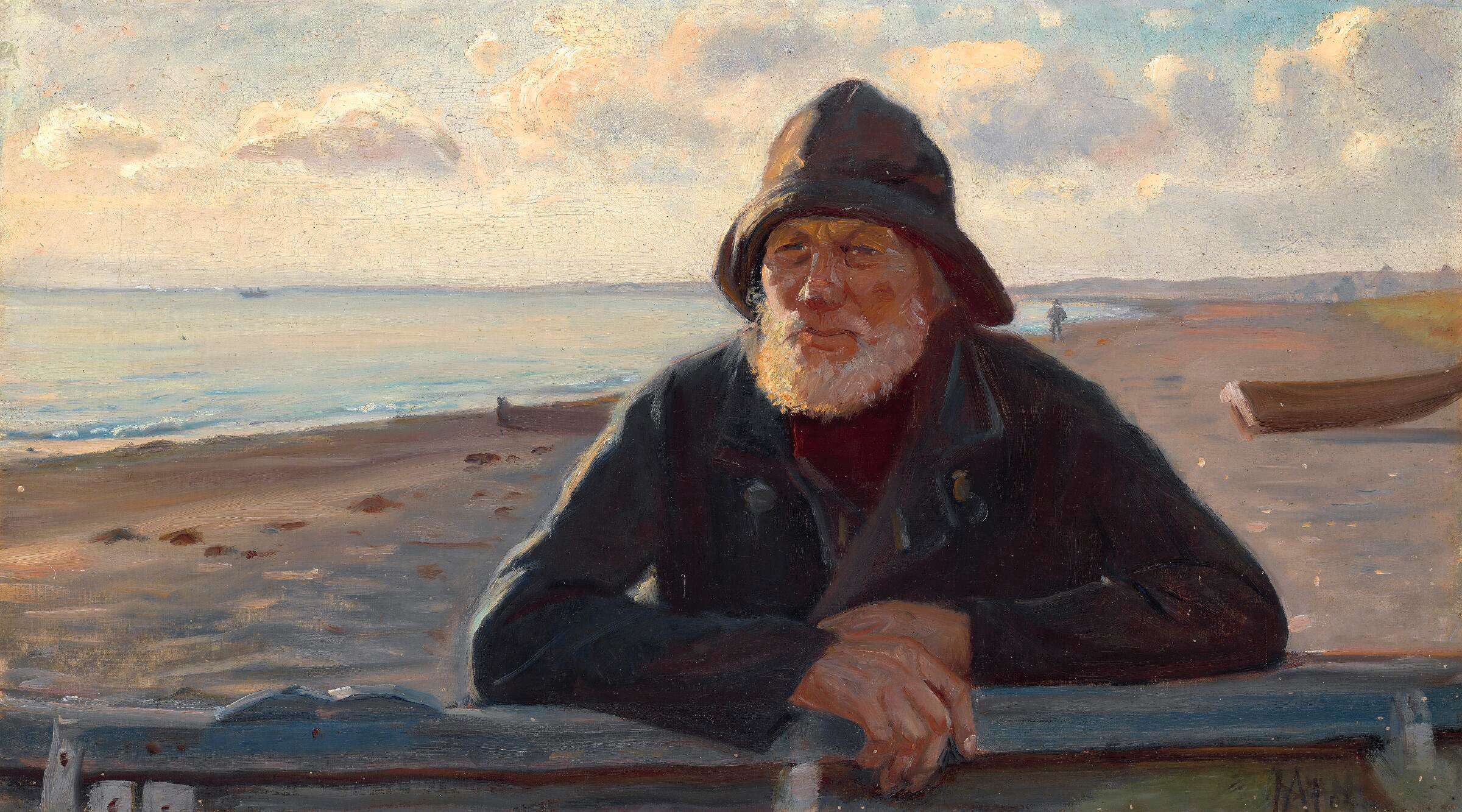Un pêcheur se tient debout dans la lumière du coucher de soleil sur la plage de Skagen. - Michael Peter Ancher - Alpha