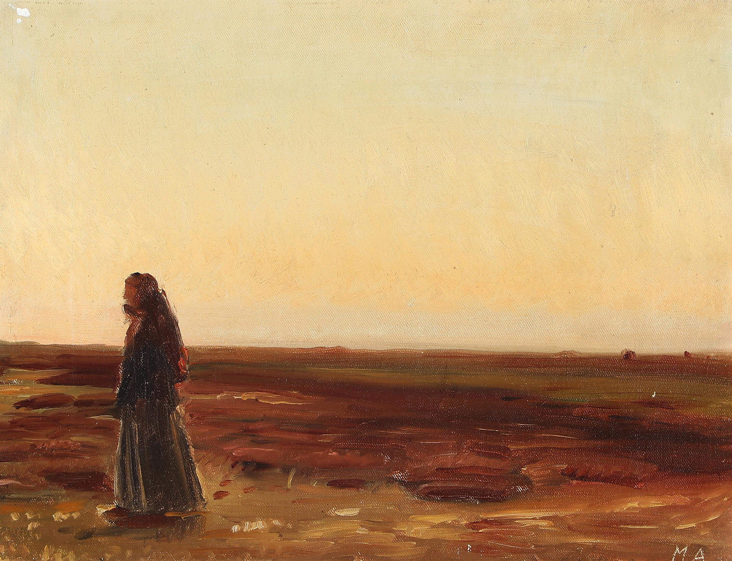 Une femme rentrant chez elle dans la lande au coucher du soleil. - Michael Peter Ancher - Alpha Reproduction