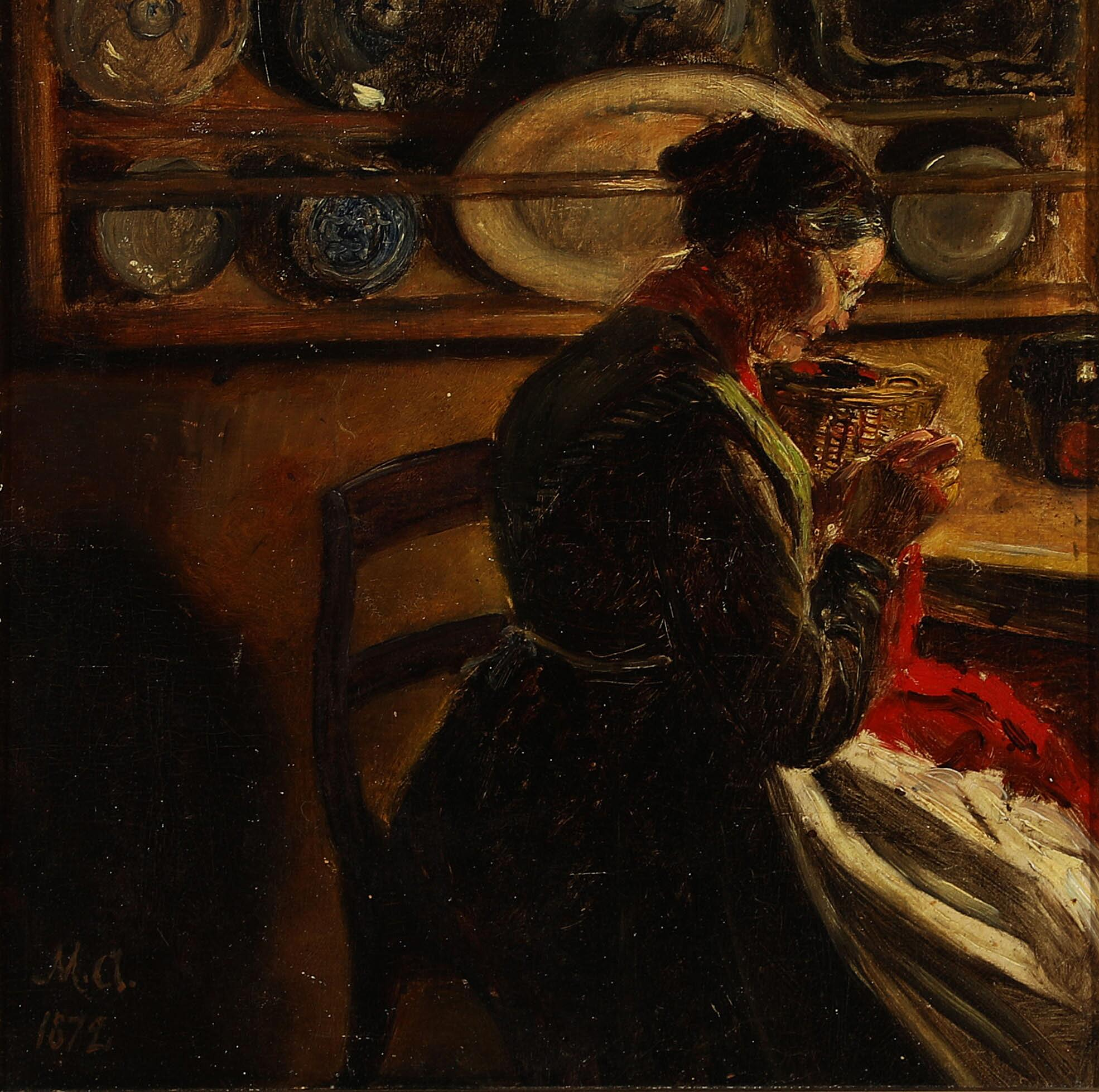 Une femme qui tricote dans une cuisine. - Michael Peter Ancher - Alpha Reproduction