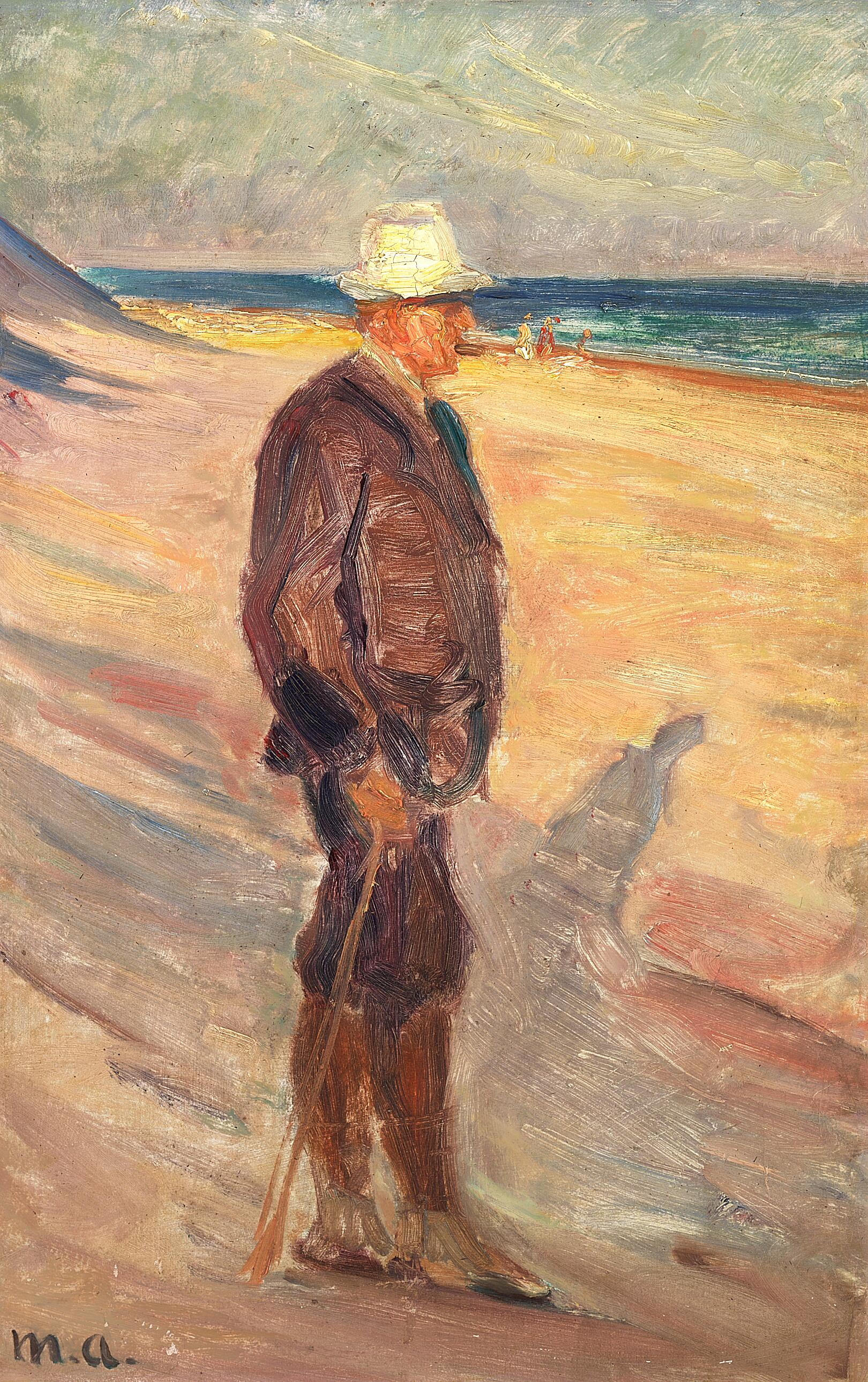 Un homme portant un chapeau blanc et muni d’une canne sur la plage de Skagen. - Michael Peter Ancher - Alpha