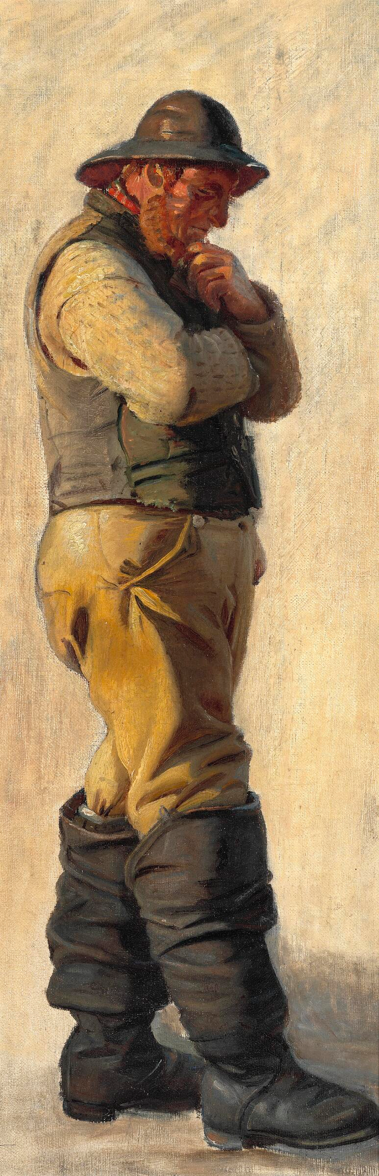 Un pêcheur de Skagen coiffé d’un ciré et chaussé de hautes bottes se caressant la barbe. - Michael Peter Ancher - Alpha