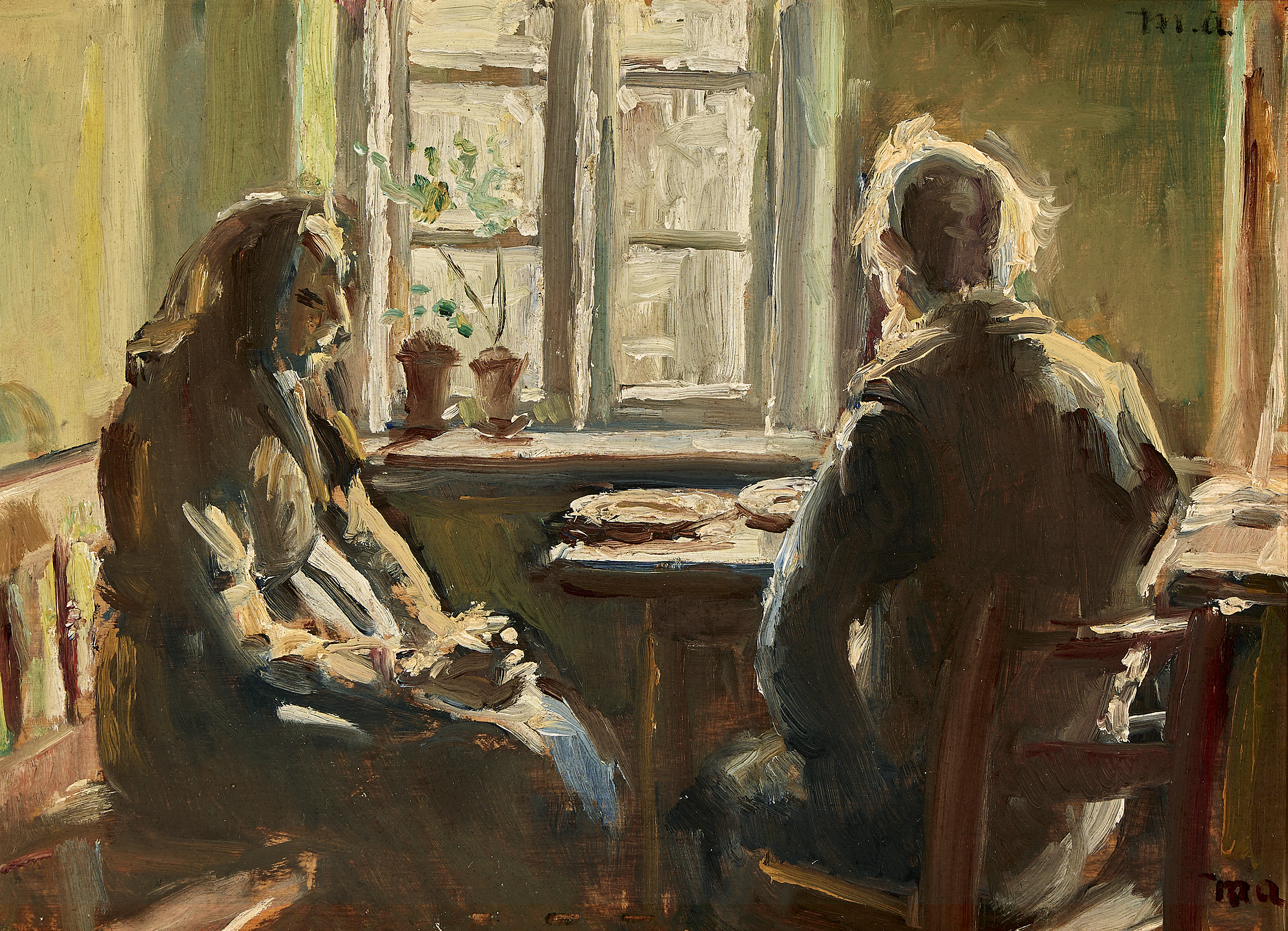 Un vieux couple marié de Skagen est assis à la table devant la fenêtre. - Michael Peter Ancher