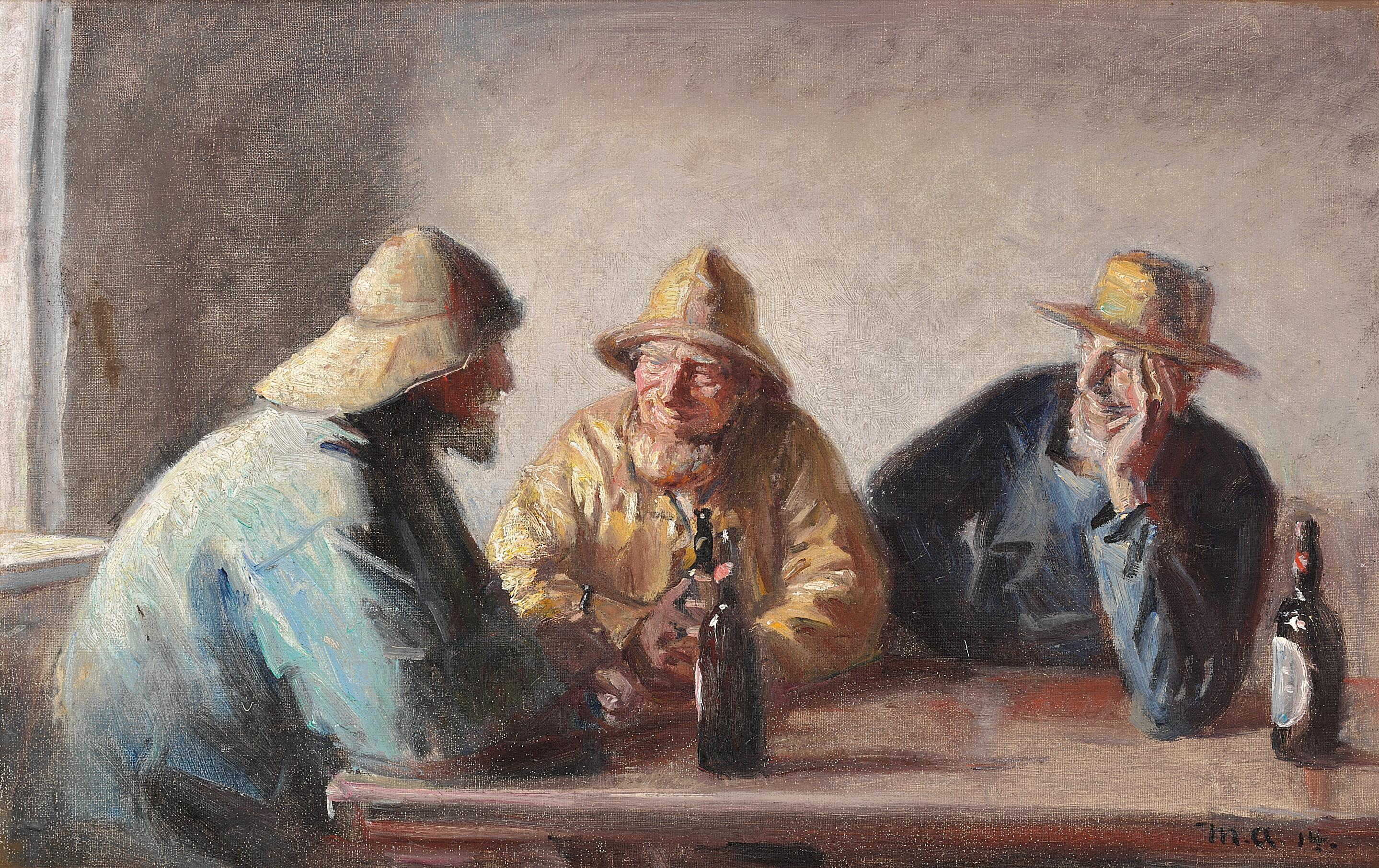 Les pêcheurs Andreas Carlsen, Ole Malmer et Thomas Peter Larsen prennent une bière après le travail. - Michael Peter Ancher
