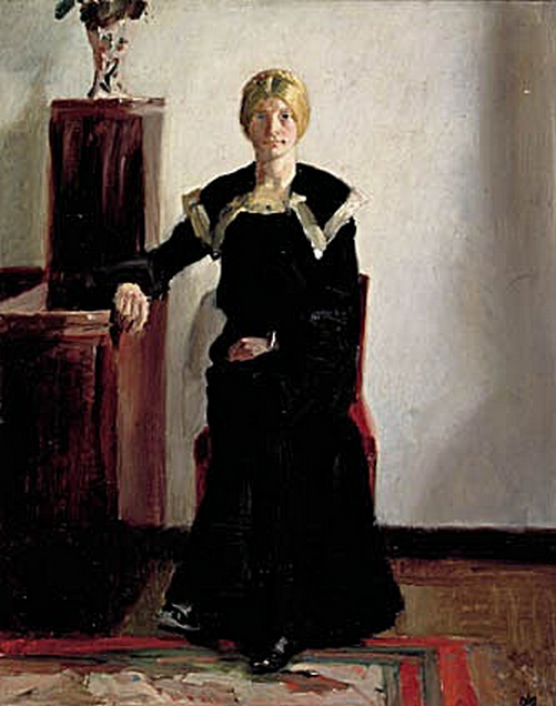 Intérieur de la maison de l’artiste. Une jeune femme en robe noire est représentée. - Michael Peter Ancher - Alpha