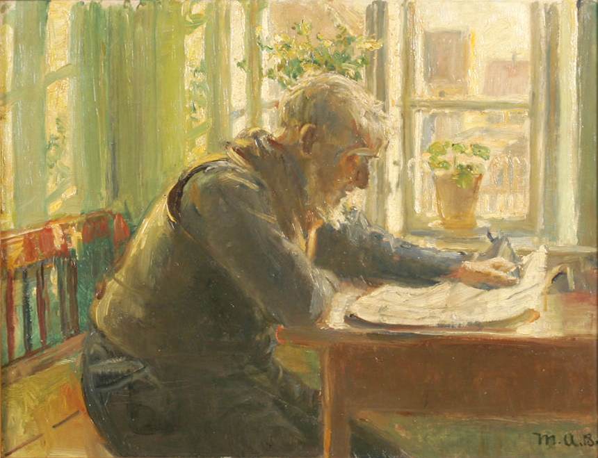 Un vieil homme lit son journal près de la fenêtre. - Michael Peter Ancher