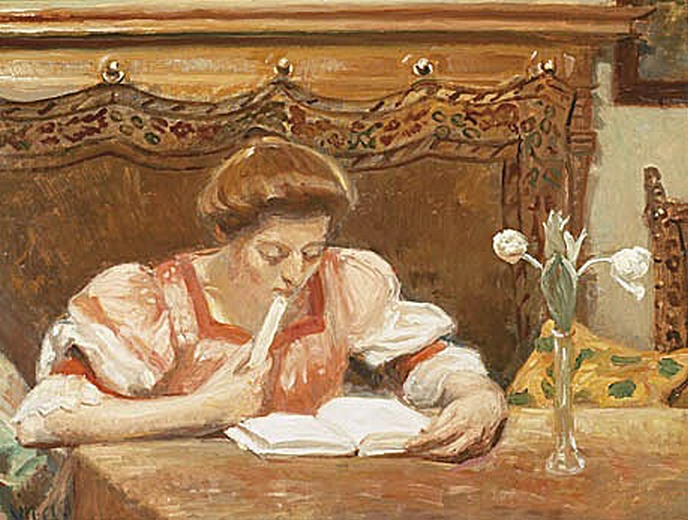 Intérieur avec une jeune femme en train de lire. - Michael Peter Ancher