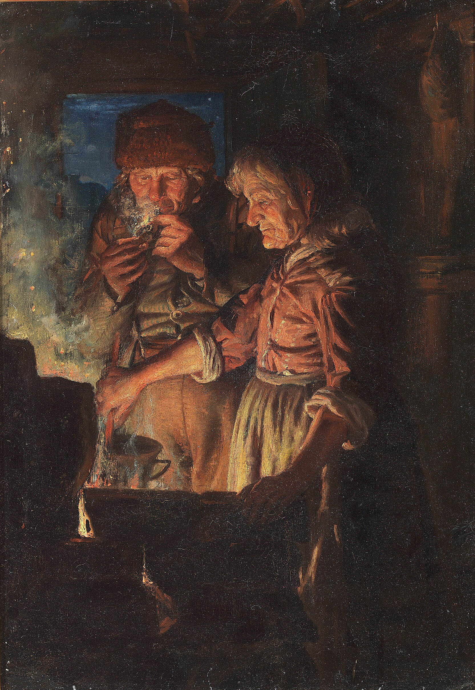 Lars Gaihede et sa femme près de la cheminée Stifi remuant la marmite. - Michael Peter Ancher - Alpha Reproduction