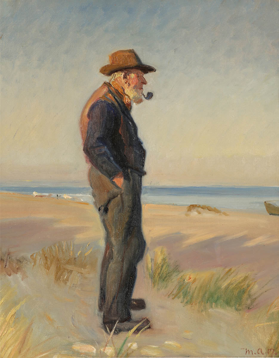 Un pêcheur fumant sa pipe sur la plage de Skagen. - Michael Peter Ancher
