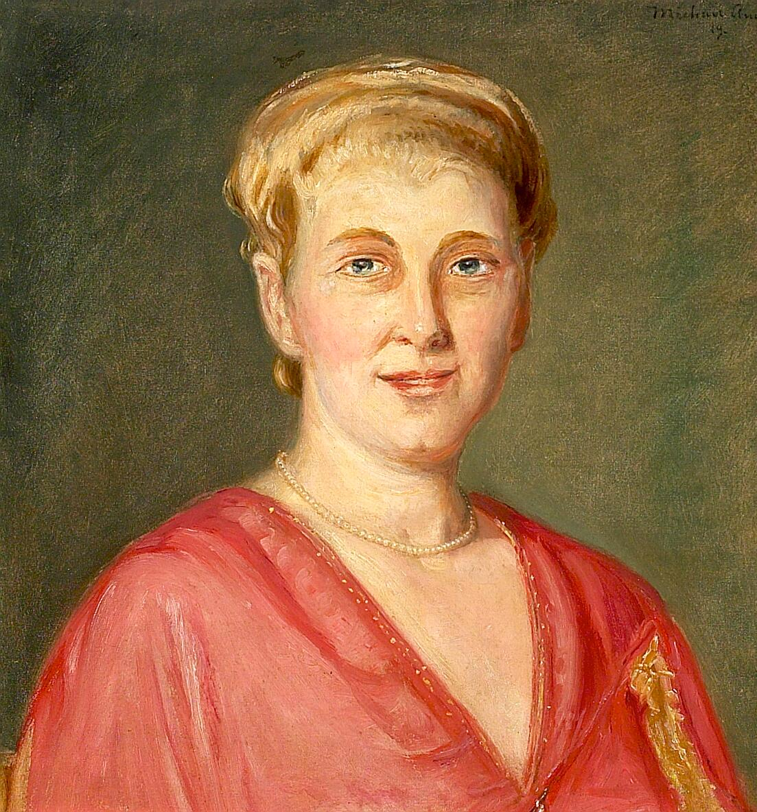 Portrait d'une femme en robe rouge, portant un collier de perles. - Michael Peter Ancher