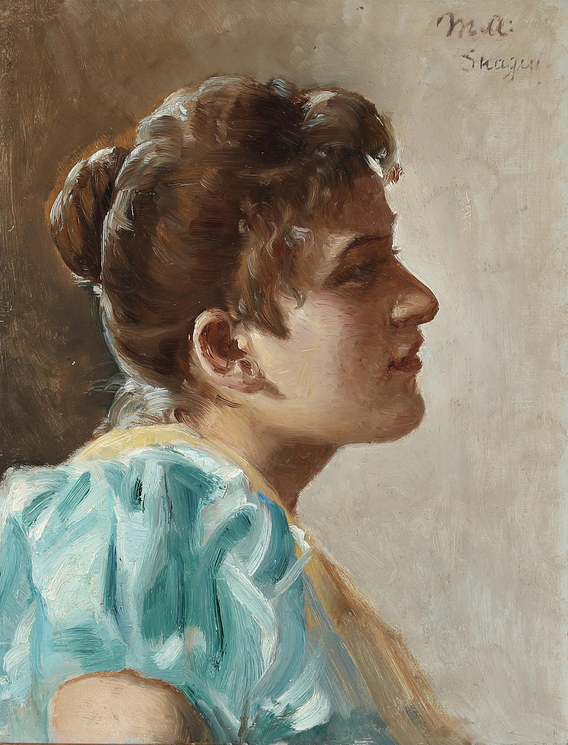 Portrait d’une jeune femme en robe jaune et turquoise. - Michael Peter Ancher - Alpha Reproduction