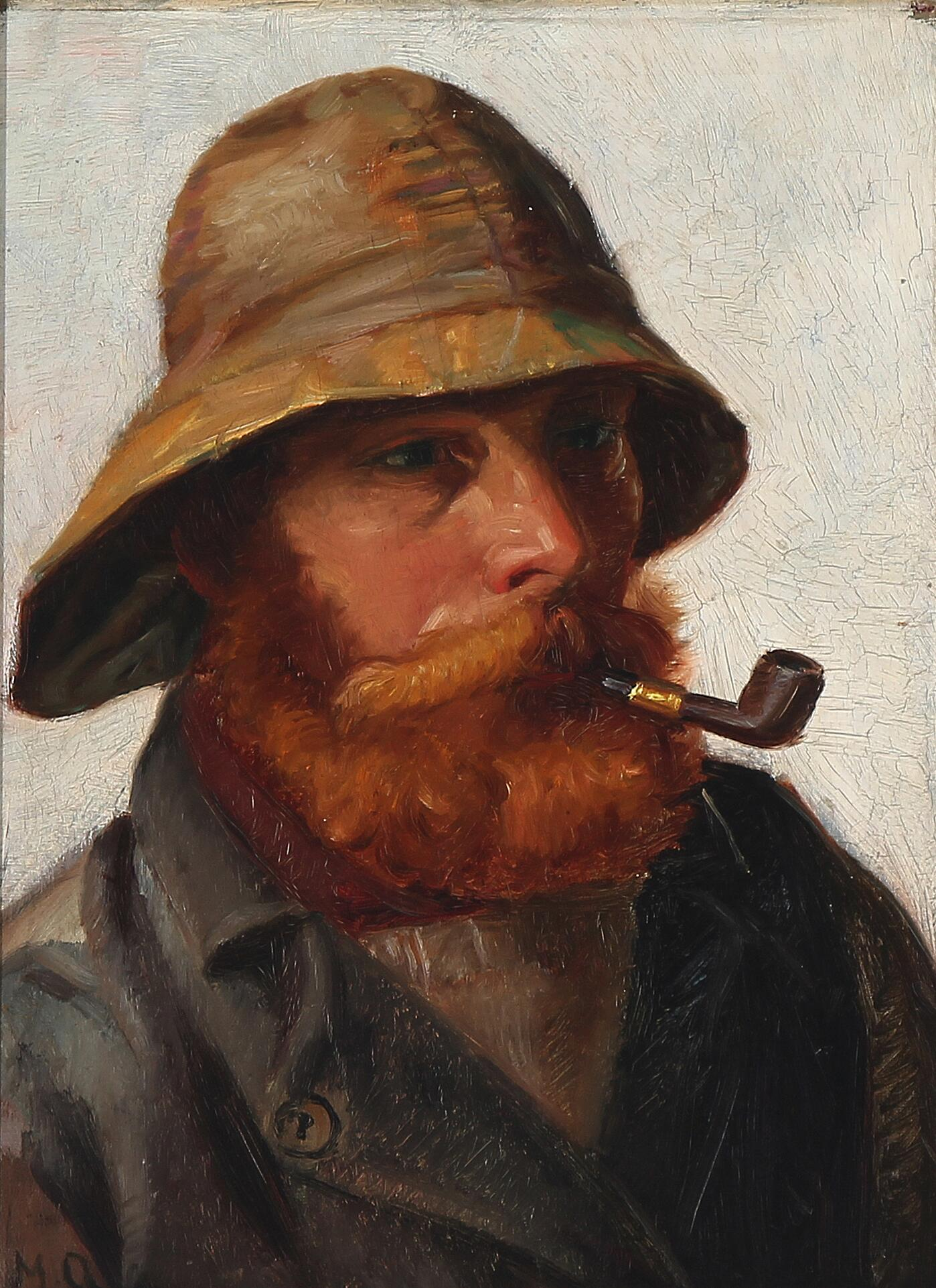 Pêcheur à la barbe rousse coiffé d’un ciré jaune et fumant la pipe. - Michael Peter Ancher - Alpha Reproduction