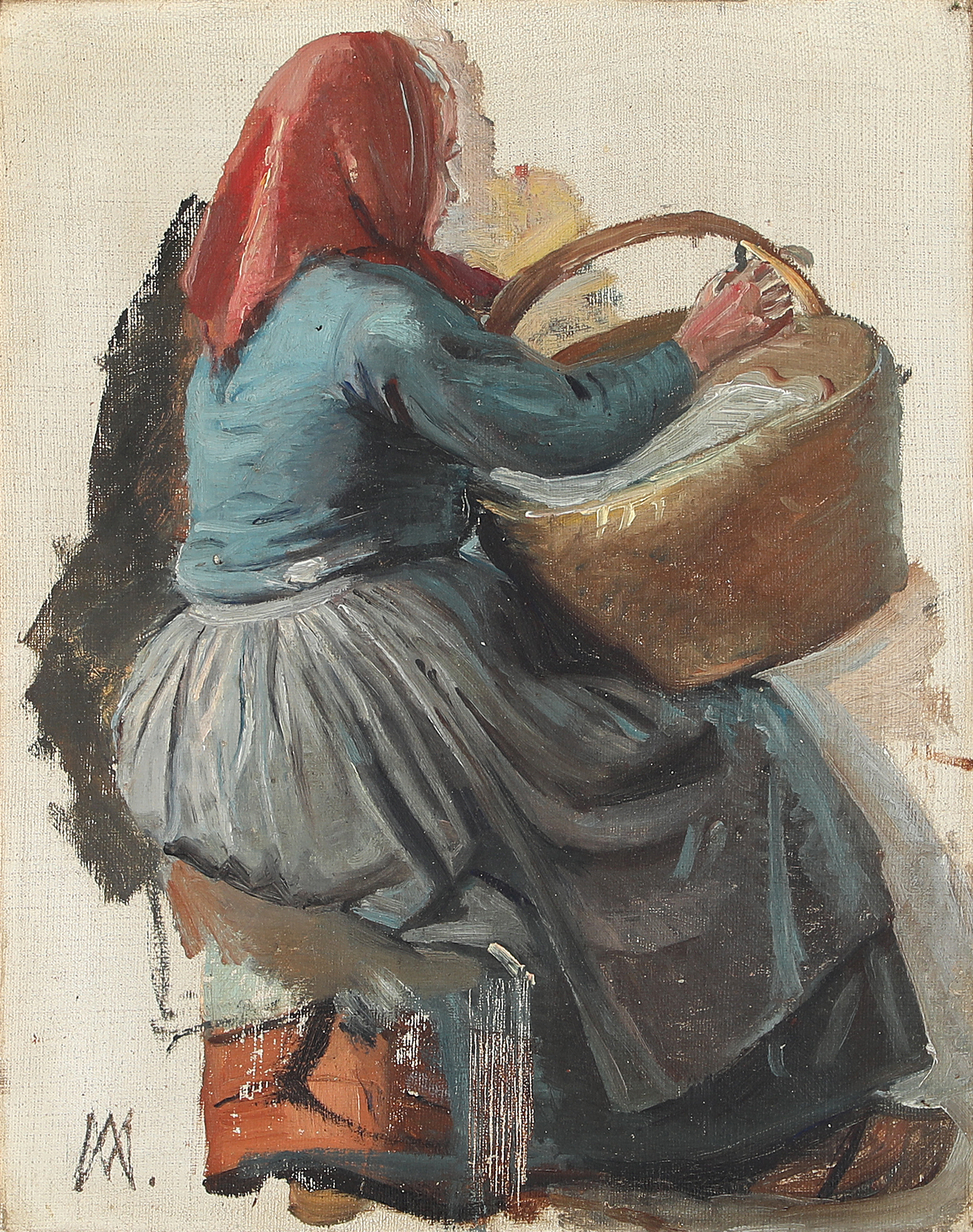 Une femme de dos portant un panier et un foulard rouge sur la tête. - Michael Peter Ancher - Alpha Reproduction