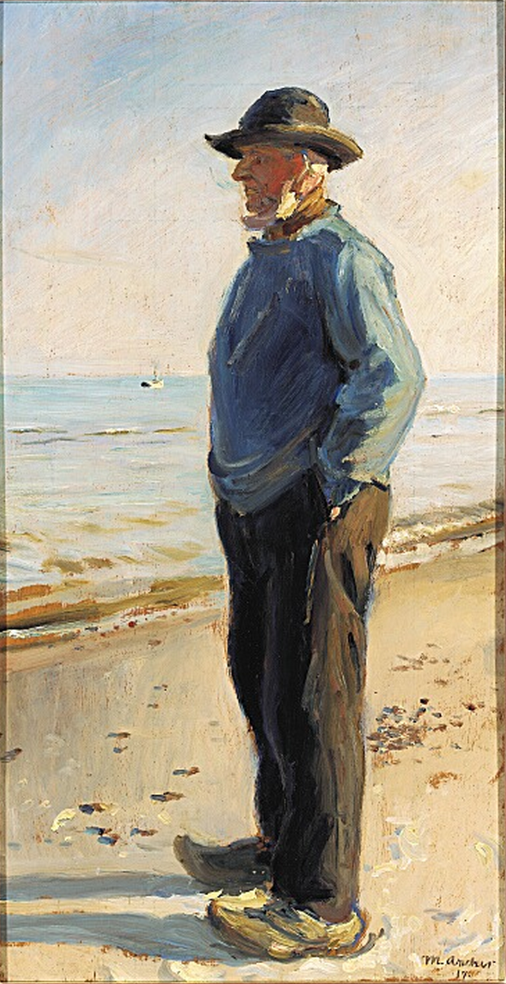 Pêcheur de Skagen debout sur la plage, vêtu d'un anorak bleu. - Michael Peter Ancher