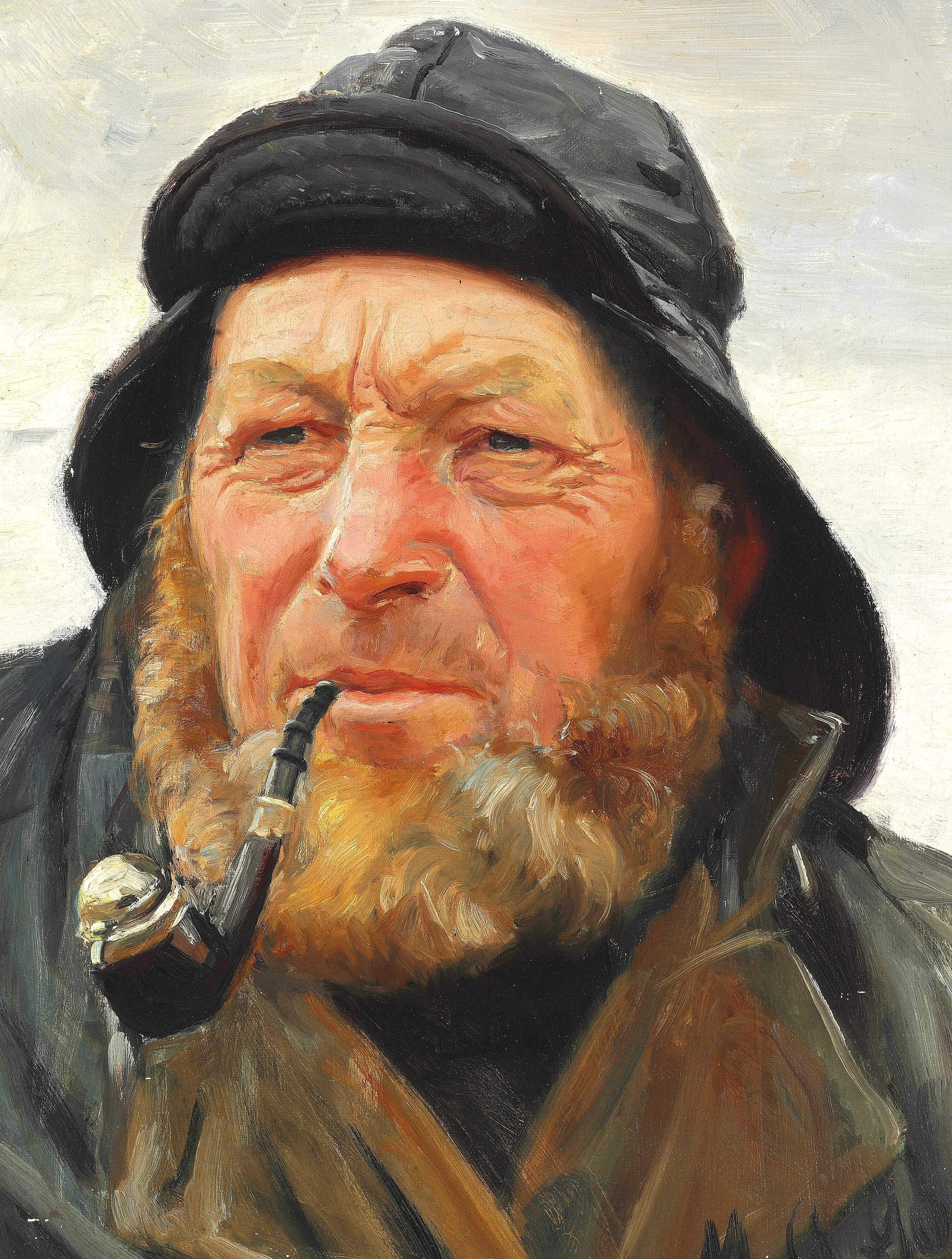 Le pêcheur Ole Svendsen de Skagen coiffé d’un ciré et fumant la pipe. - Michael Peter Ancher - Alpha Reproduction