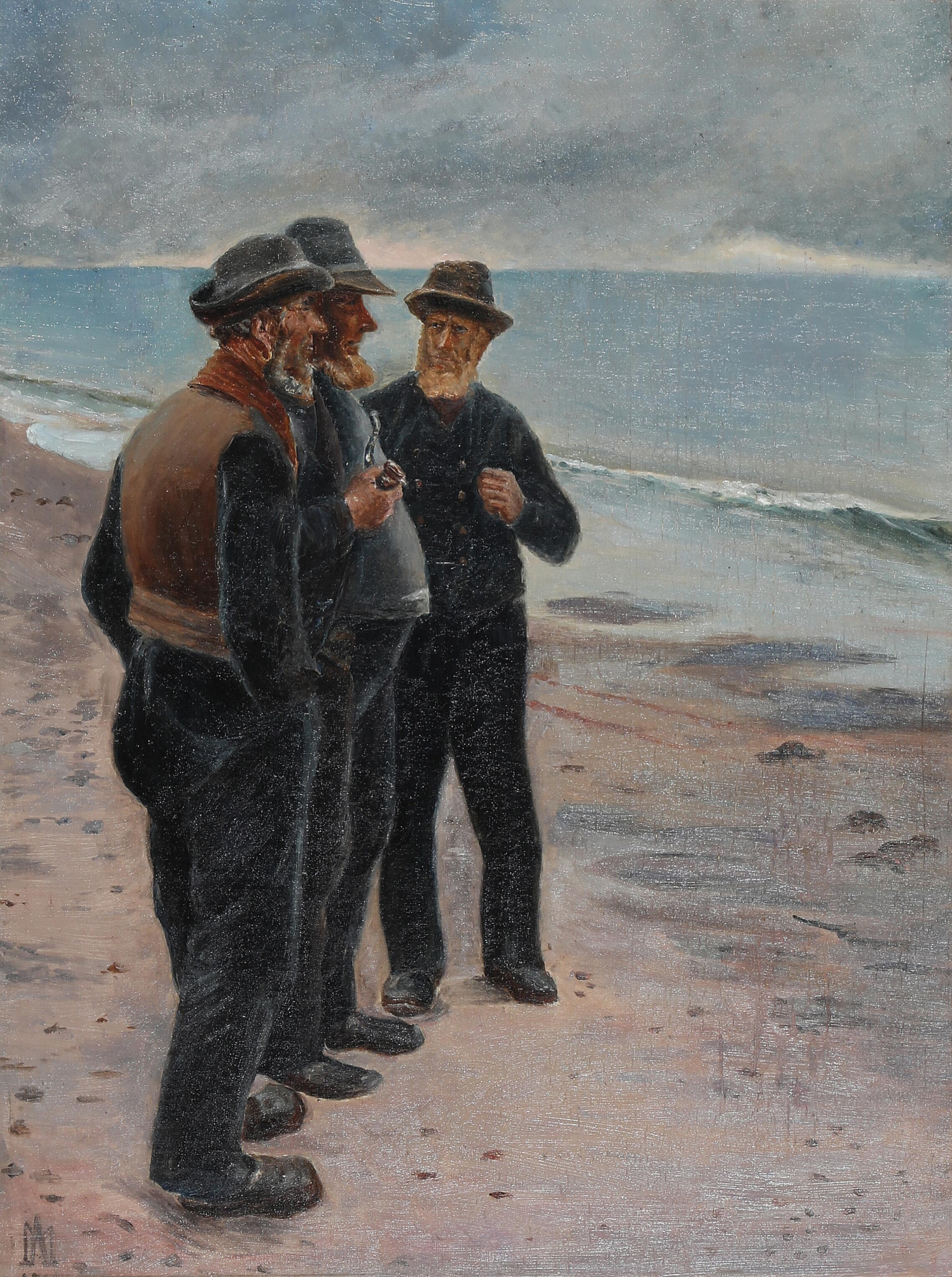 Trois pêcheurs de Skagen Henriksen Ole Svendsen et Wolle debout sur la plage. Esquisser. - Michael Peter Ancher - Alpha