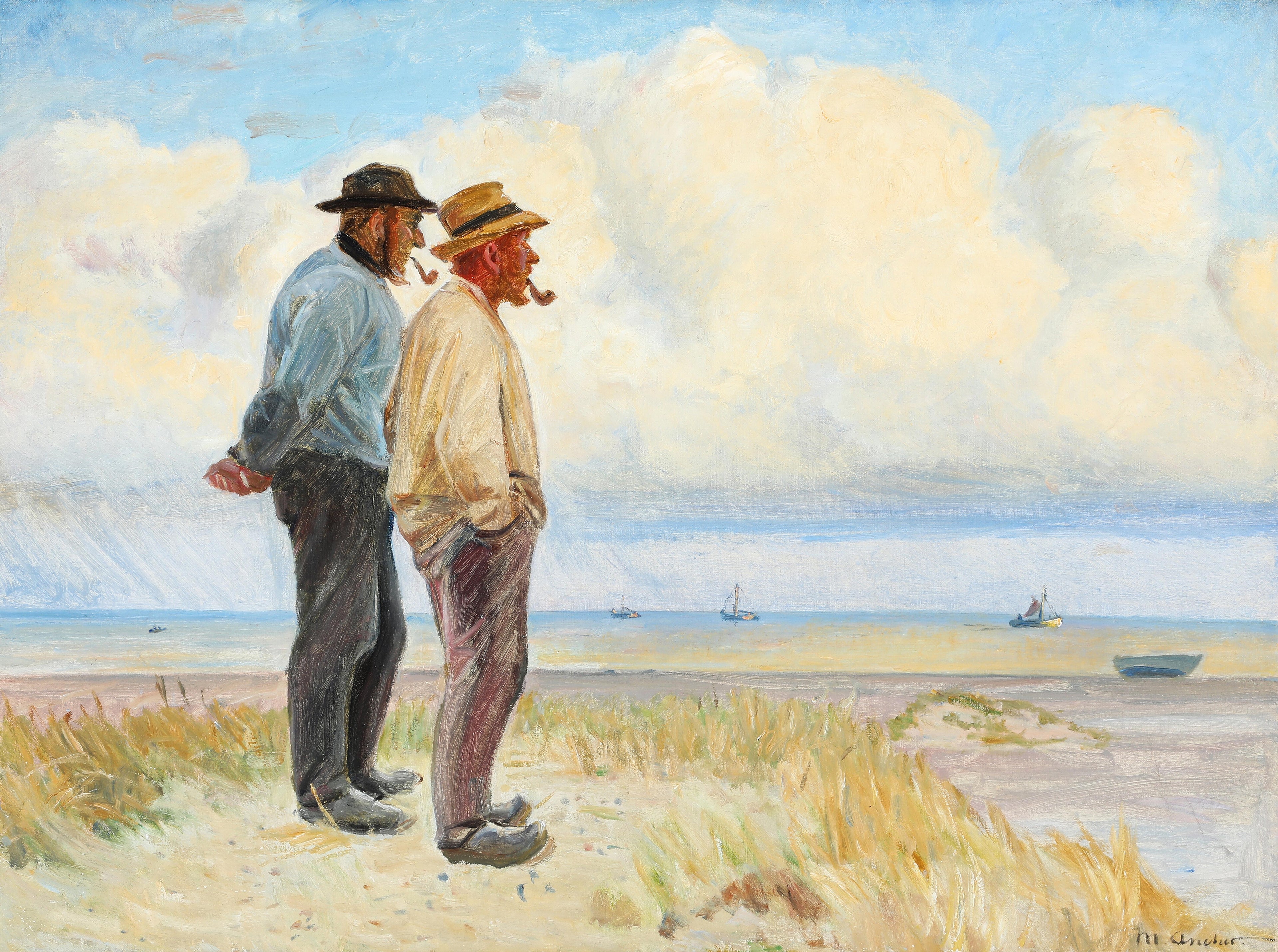 Les pêcheurs de Skagen Rasmus Bergen Sørensen et Bøj Andersen debout sur la plage. - Michael Peter Ancher - Alpha