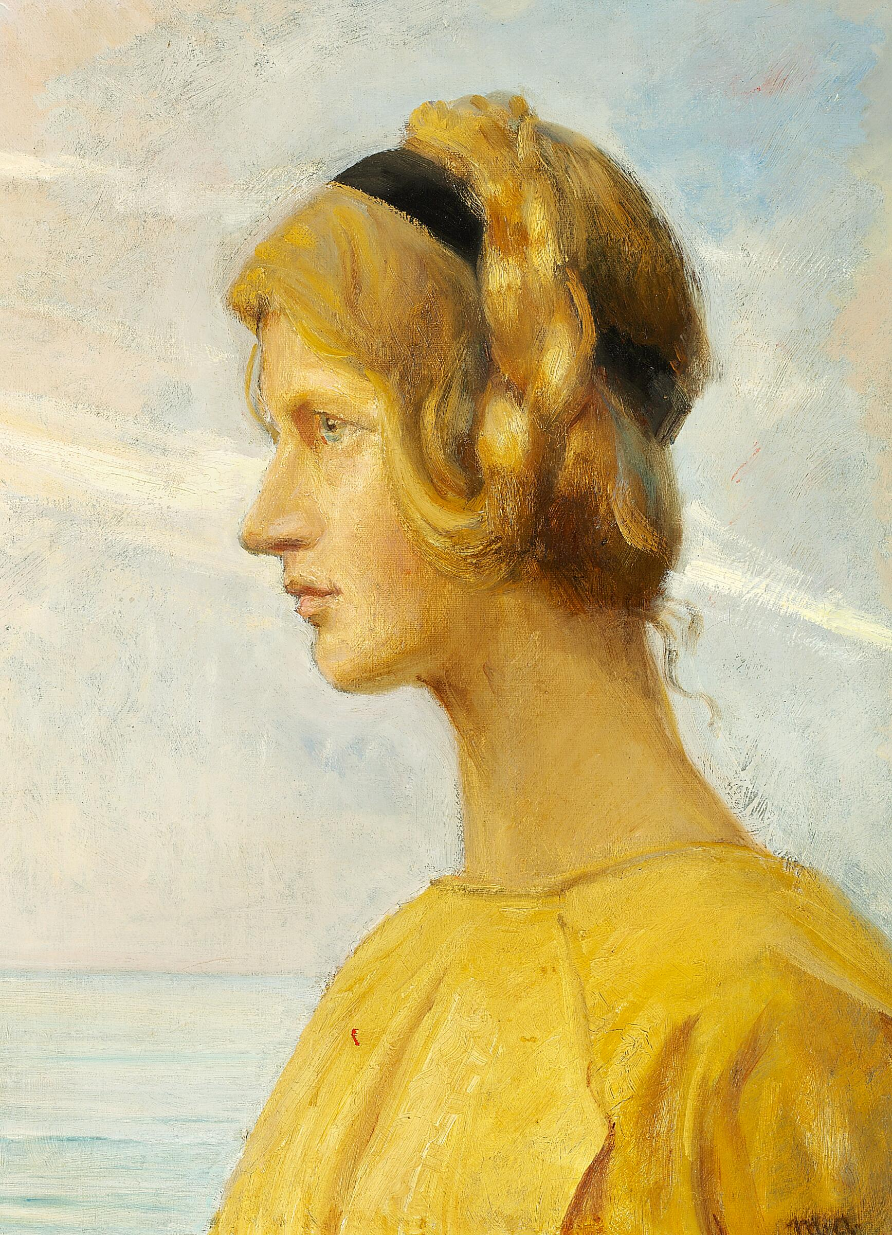 Une jeune fille de Skagen en robe jaune vue de profil avec la mer en arrière-plan. - Michael Peter Ancher - Alpha