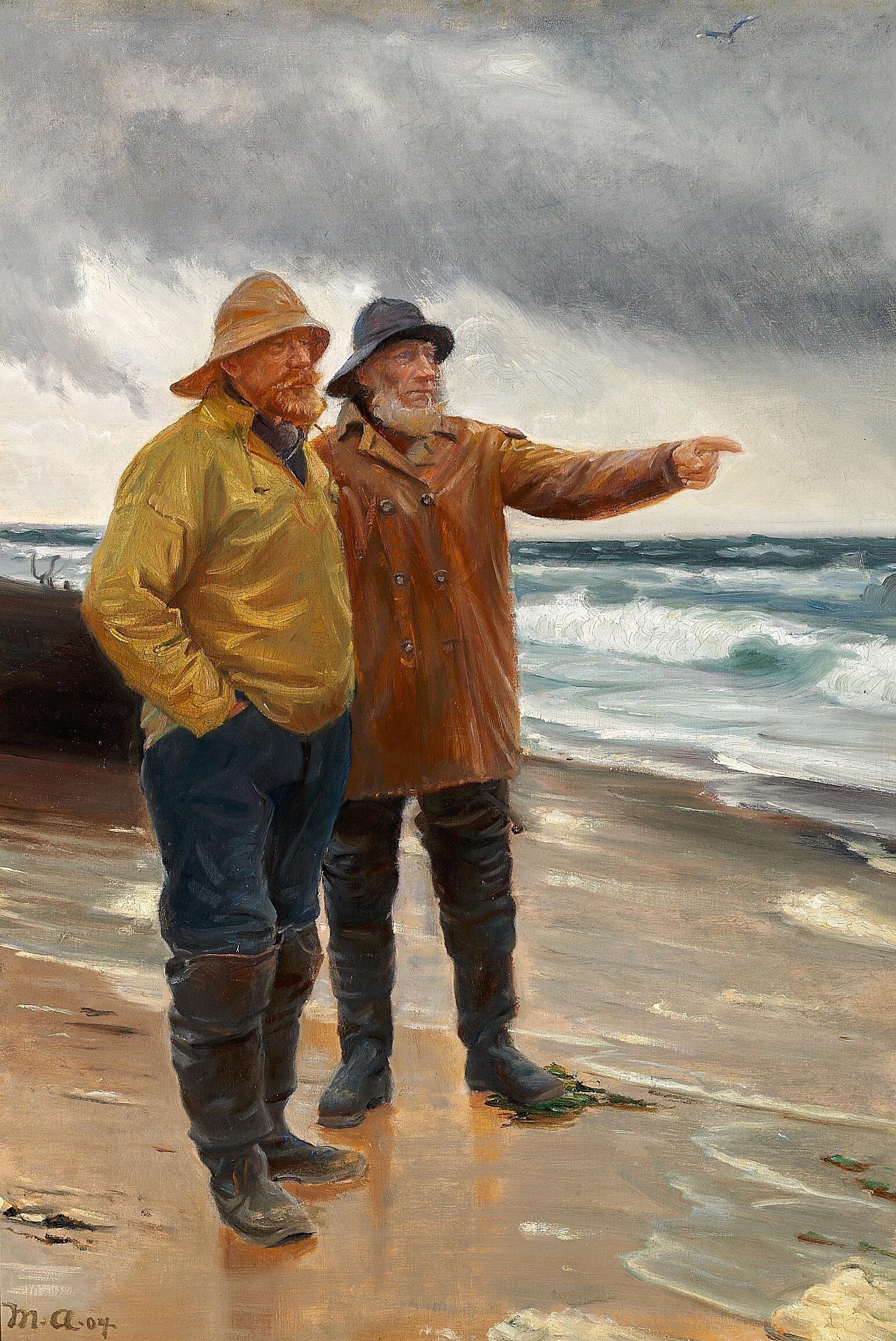 Deux pêcheurs sur la plage. L’un d’eux montre la mer du doigt. - Michael Peter Ancher - Alpha Reproduction