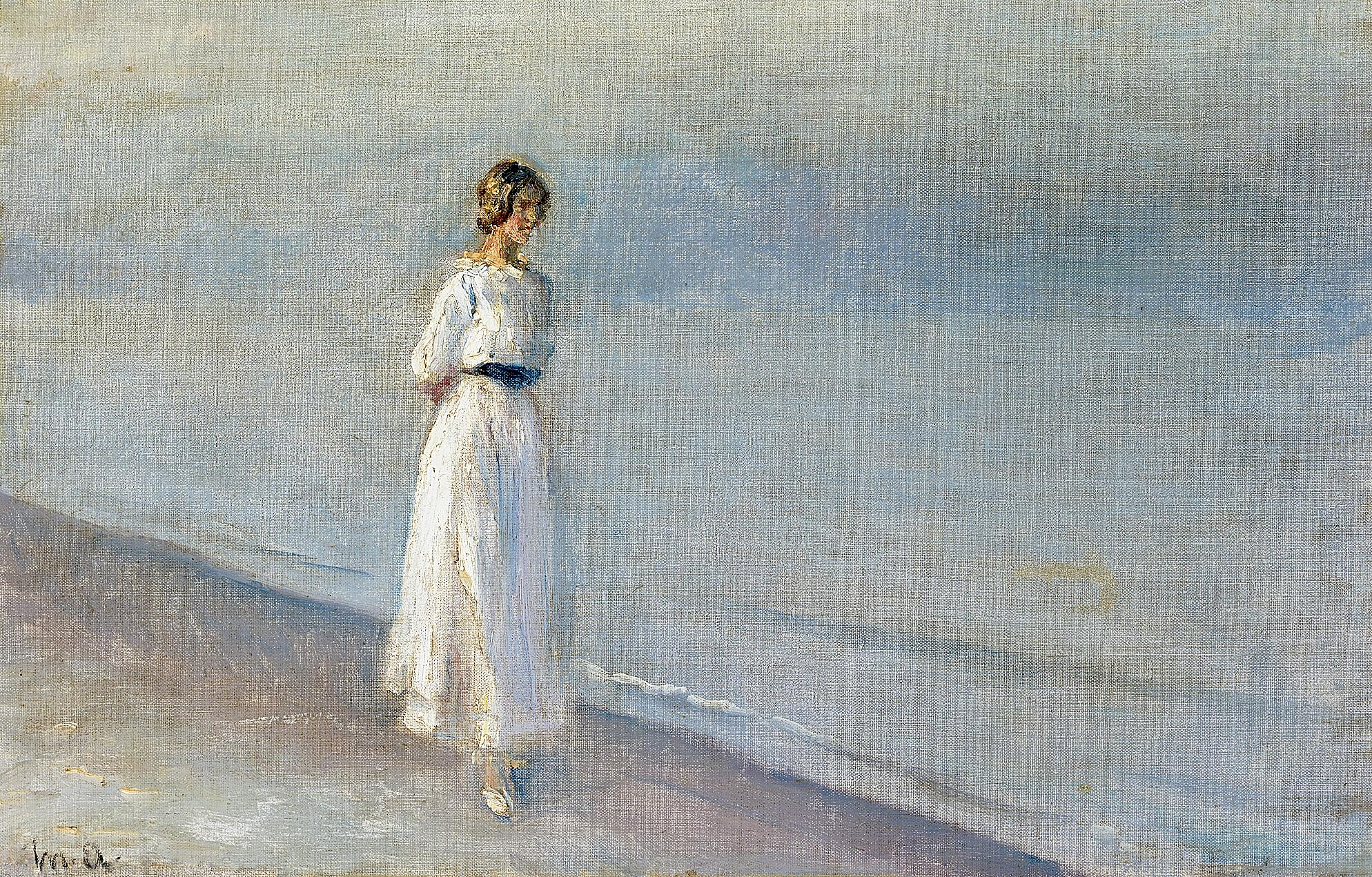 Jeune femme en robe blanche à Skagen Sønderstrand. - Michael Peter Ancher - Alpha Reproduction