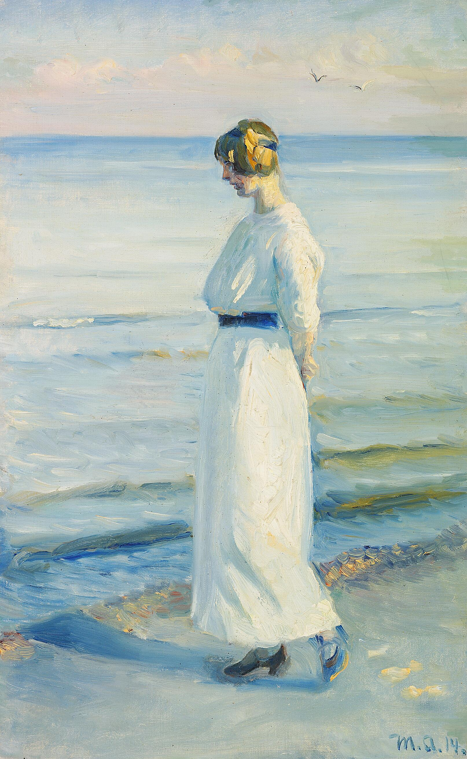 Une jeune femme en robe d'été blanche sur la plage de Skagen. - Michael Peter Ancher