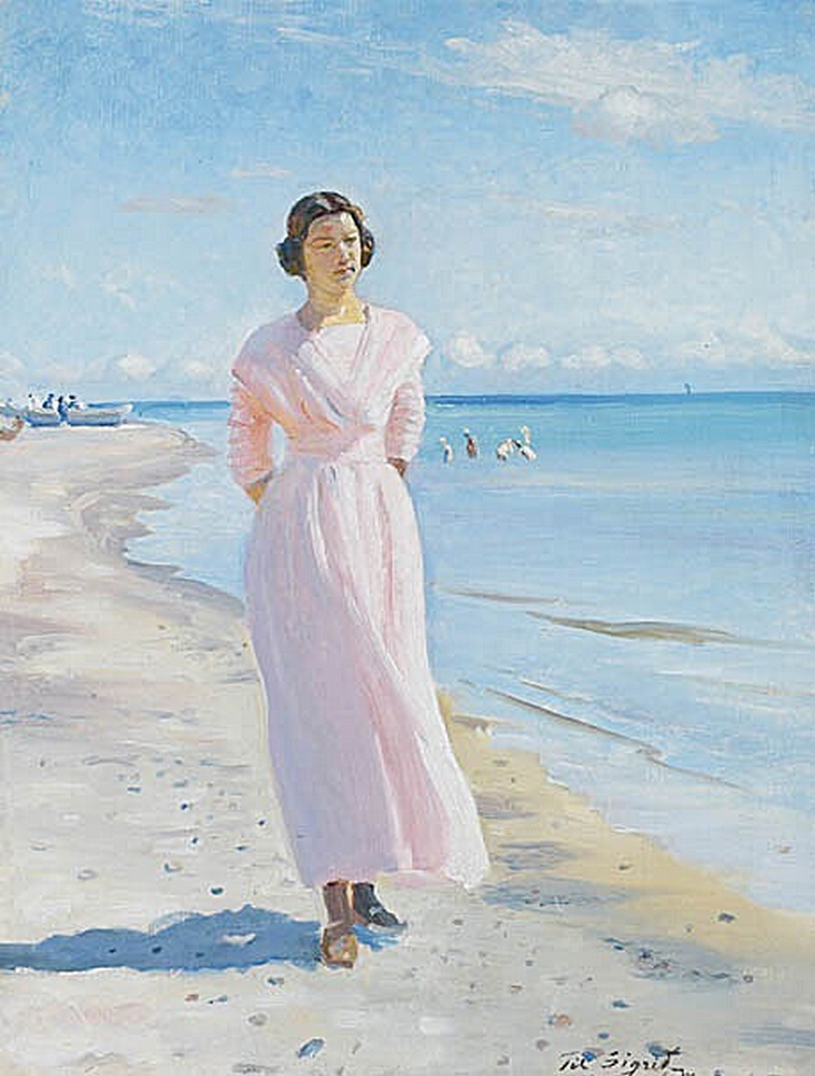 Jeune femme portant une robe rose sur la plage sud de Skagen. - Michael Peter Ancher - Alpha Reproduction