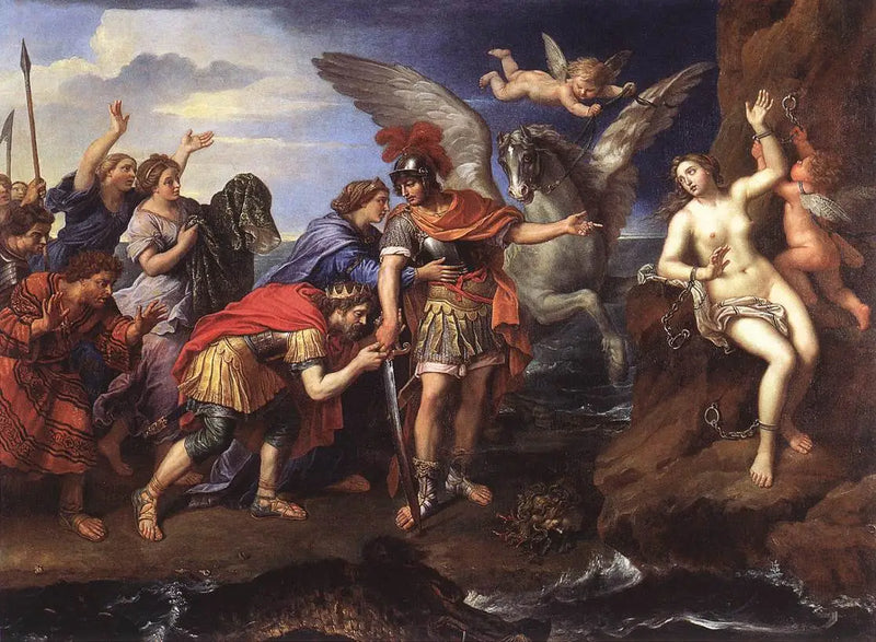 Kongen Cepheus og dronning Cassiopeia som takker Perseus for å ha frigjort datteren deres Andromeda - Pierre Mignard