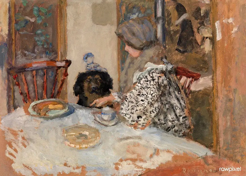 Kvinne og hund ved bordet - Pierre Bonnard