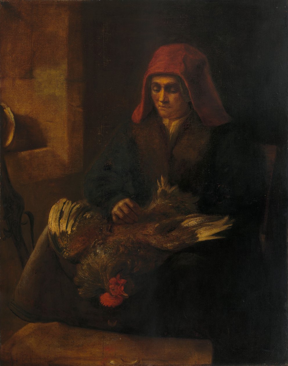 Reproduction du tableau « Femme plumant une volaille - Rembrandt » par Alpha Reproduction en peinture à l’huile