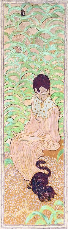 Reproduction du tableau « Femmes au jardin : femme assise au chat - Pierre Bonnard » par Alpha Reproduction en peinture à l’huile