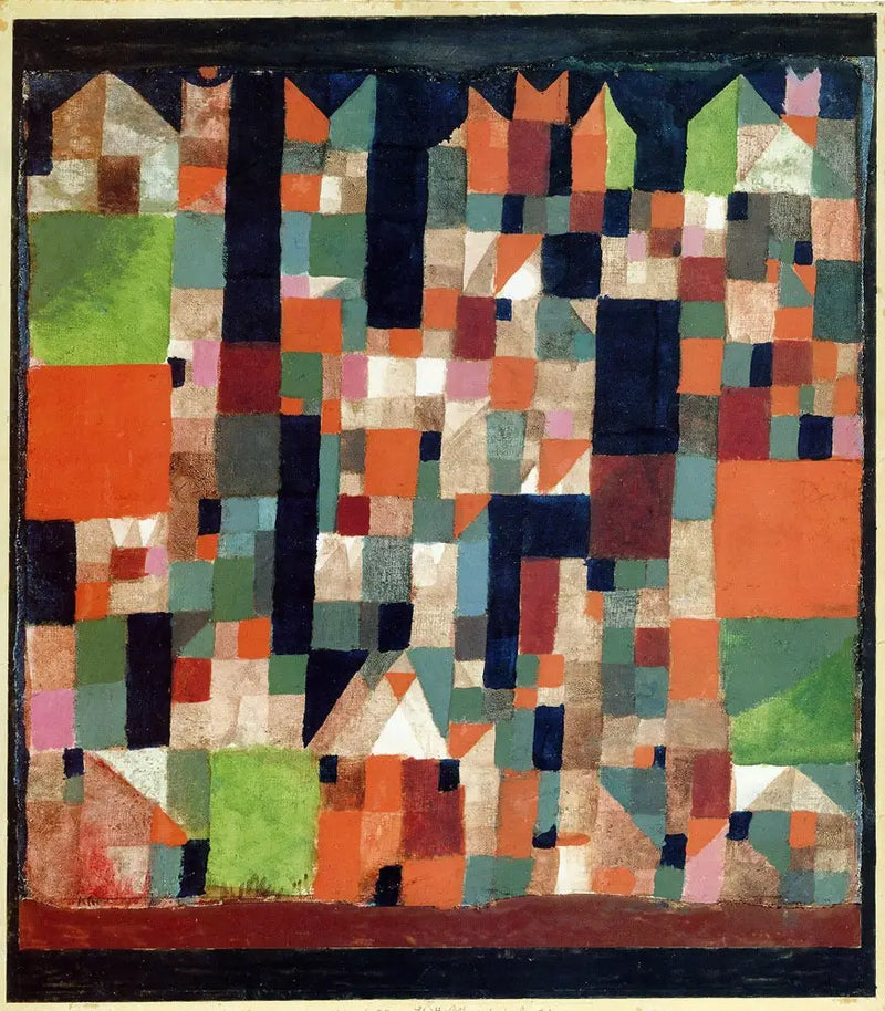 Bilde av en by (røde/grønne aksenter) - Paul Klee