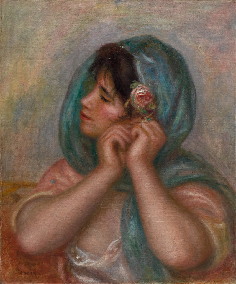 Ung kvinne som ordner øredobben sin - Pierre-Auguste Renoir