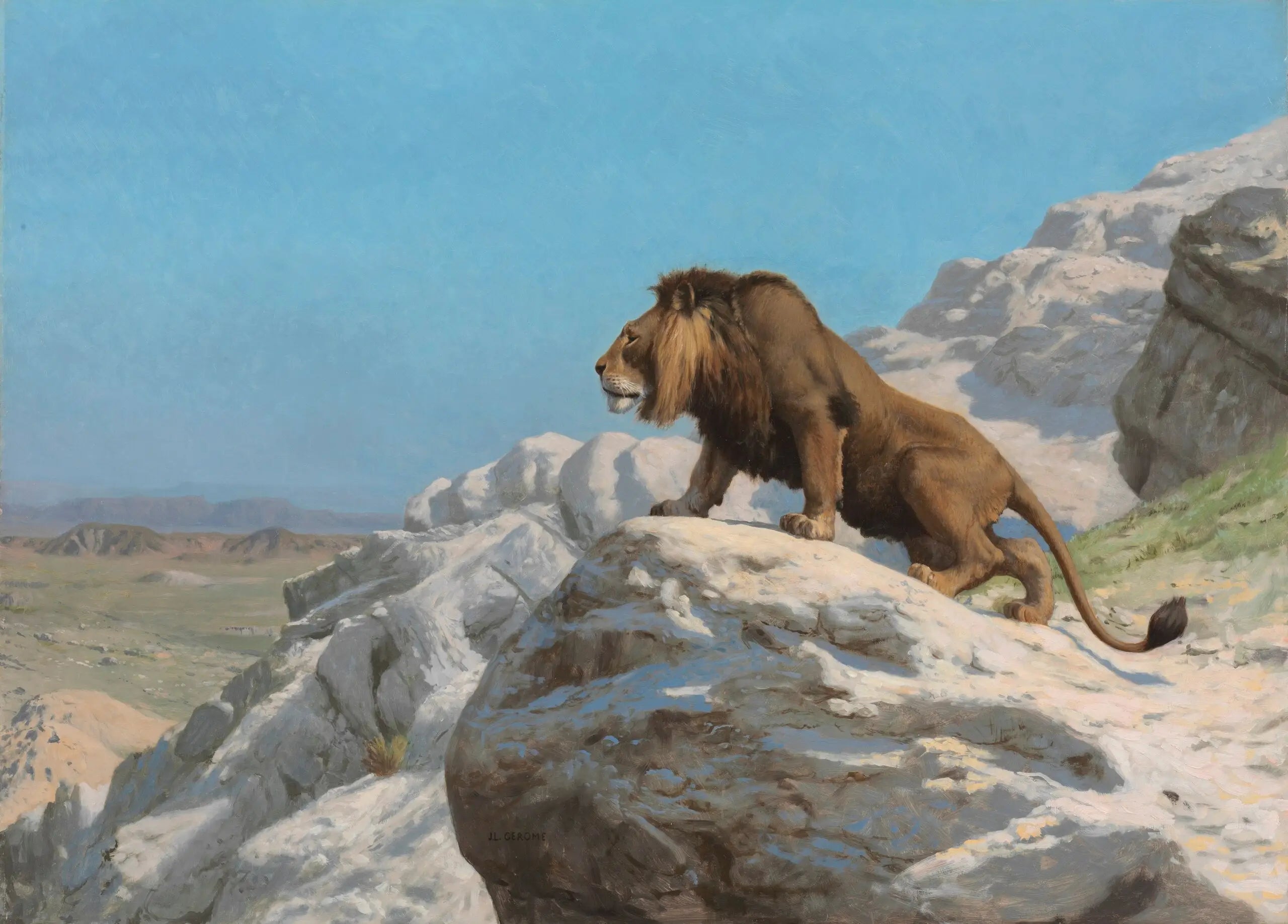 Reproduction du tableau « Le Lion aux aguets - Jean-Léon Gérôme » par Alpha Reproduction en peinture à l’huile
