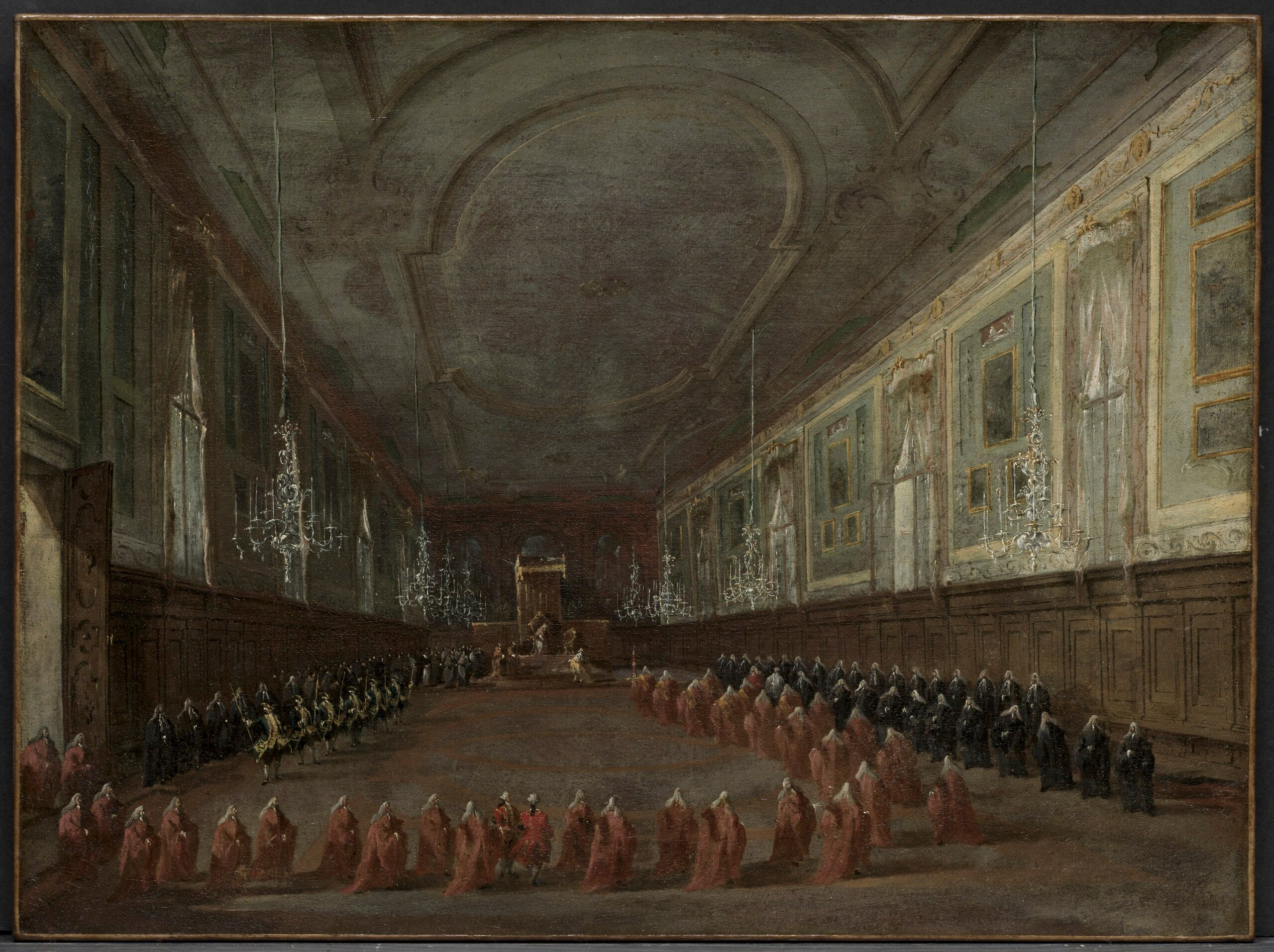 Le pape Pie VI descendant du trône pour prendre congé du doge dans la salle des Saints Jean et Paul, 1782 - Francesco Guardi