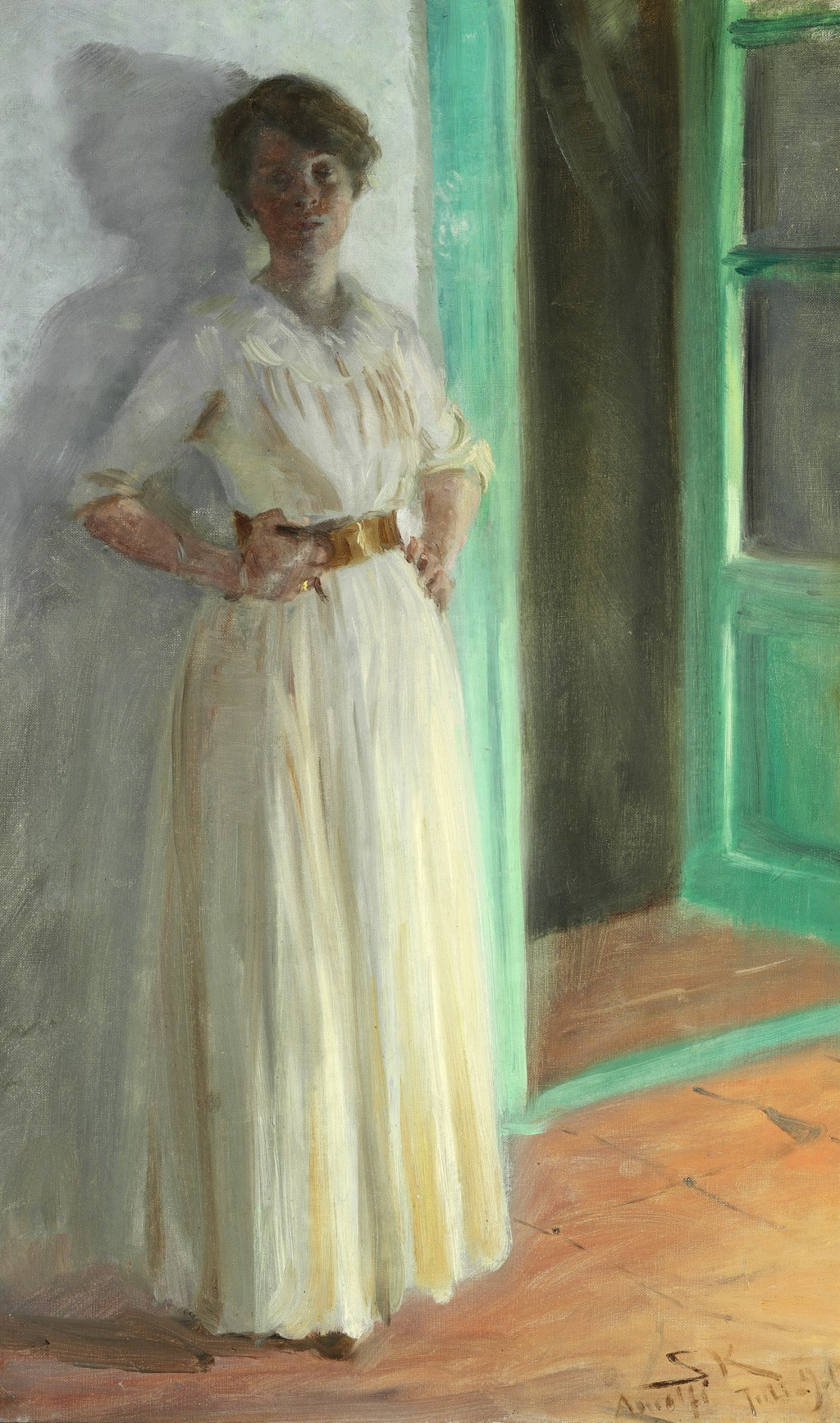 Marie Krøyer. Helfigurportrett. Kveld ved lyset fra gatelampene på terrassen. - Peder Severin Krøyer