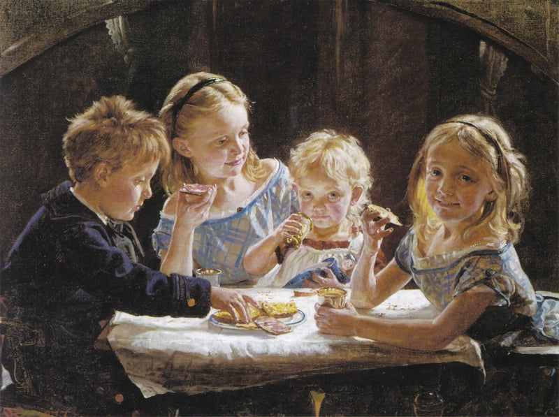 Fire barn som spiser lunsj. - Peder Severin Krøyer