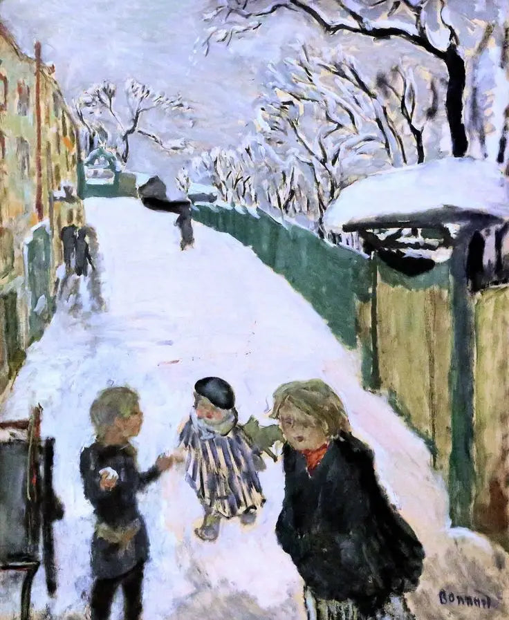 Gate under snøen med lekende barn - Pierre Bonnard
