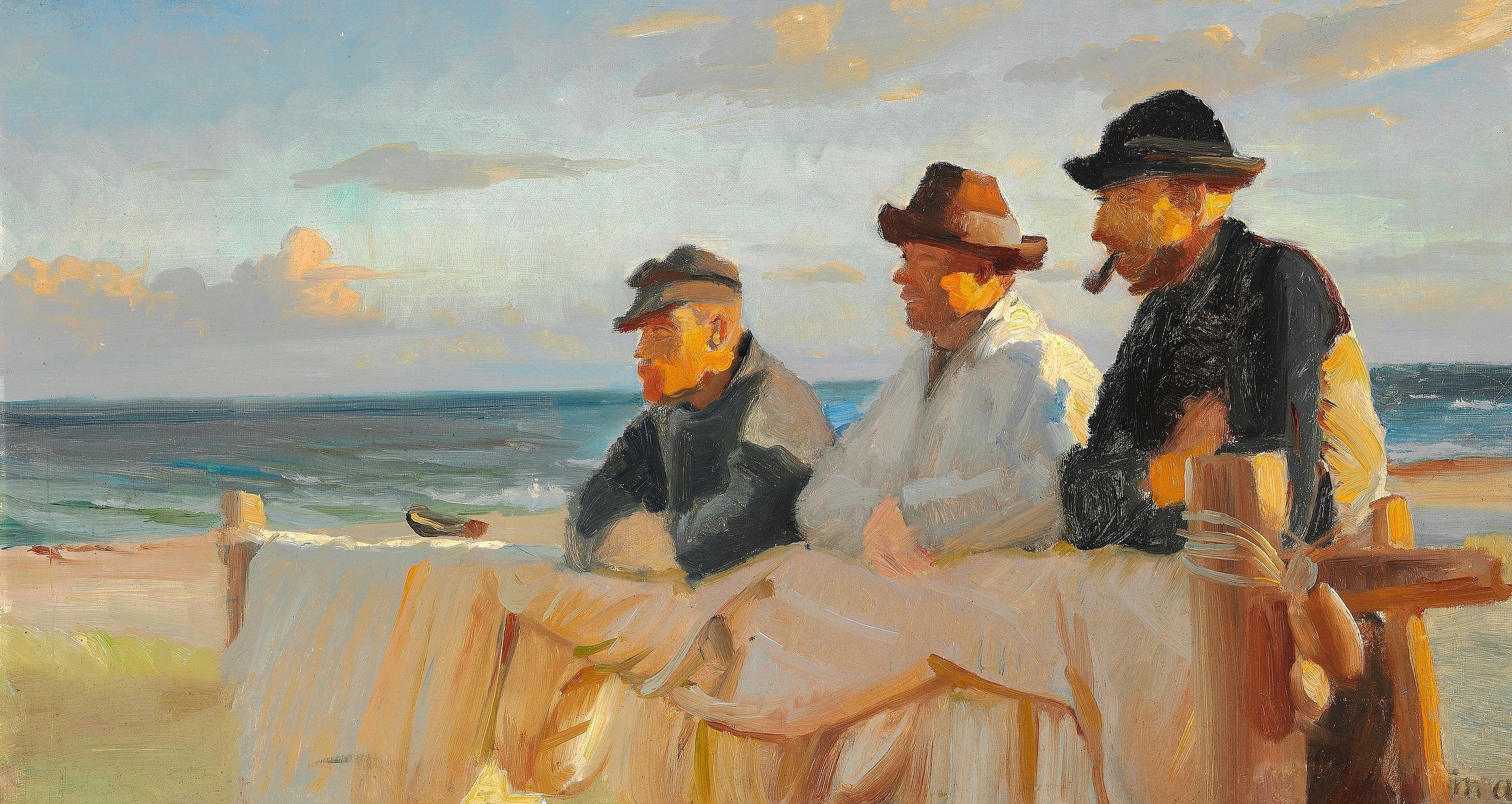 Trois pêcheurs sur la plage de Skagen sous le soleil couchant. - Michael Peter Ancher - Alpha Reproduction