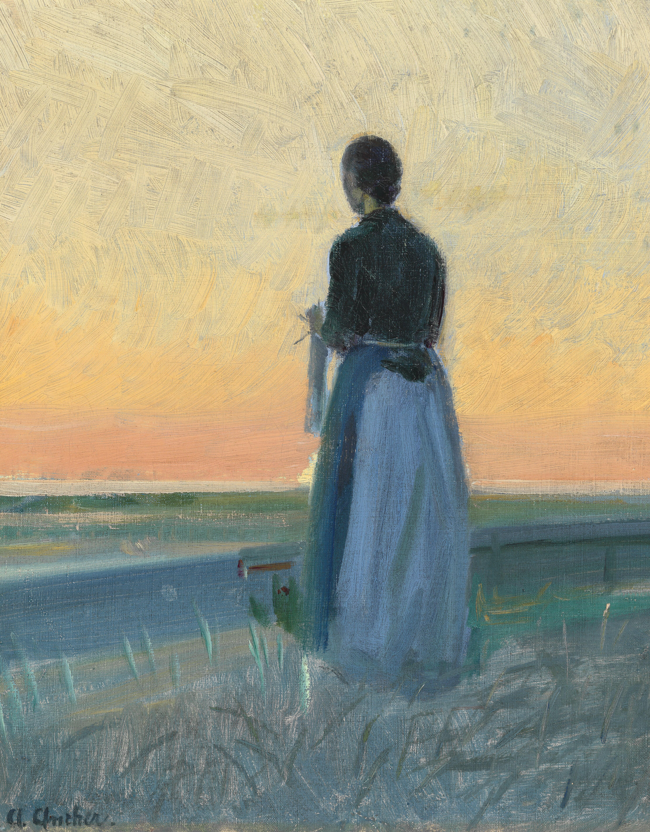 Une jeune femme en train de tricoter debout au coucher du soleil. - Anna Ancher - Alpha Reproduction