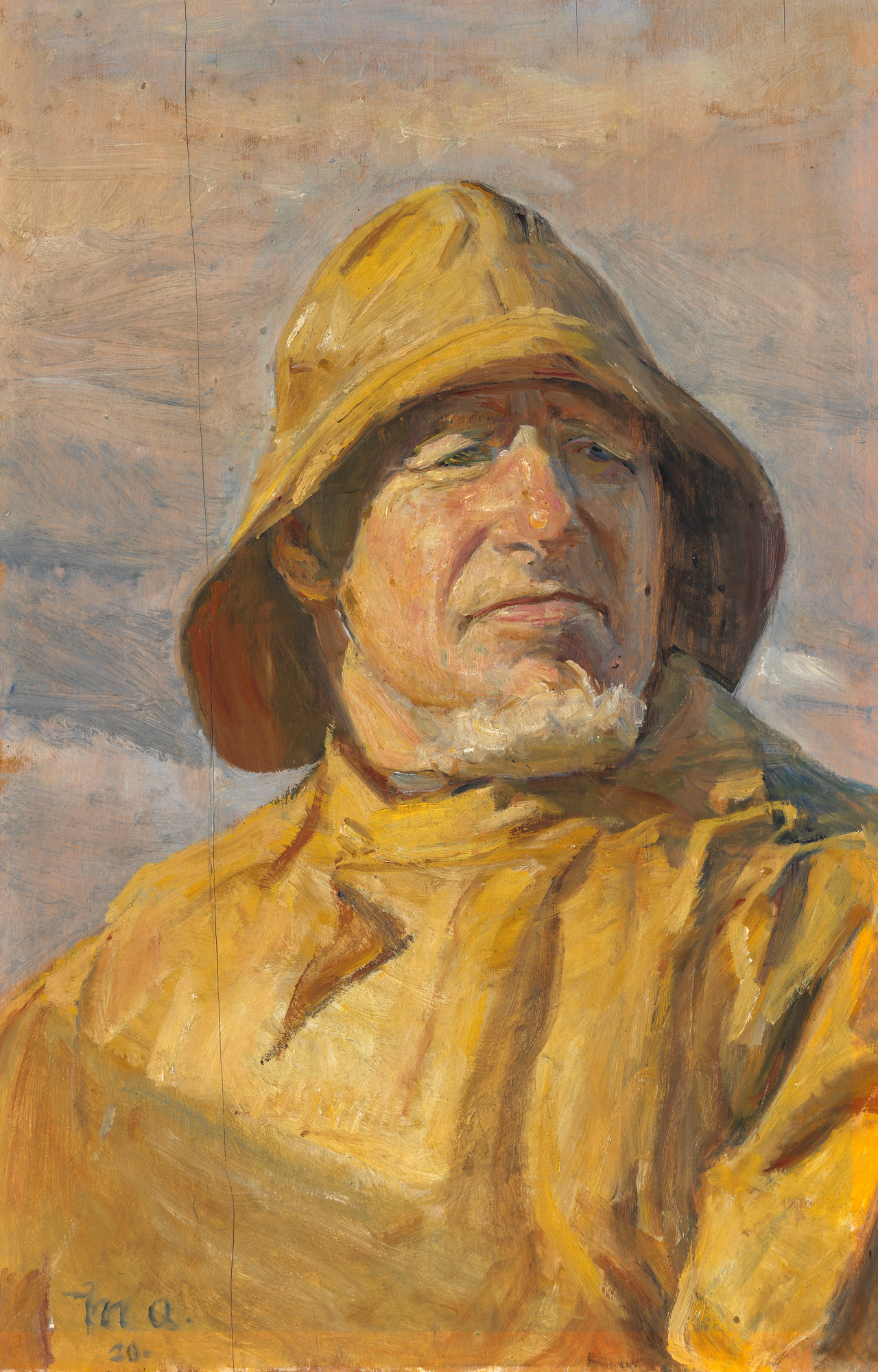 Un pêcheur de Skagen, vêtu d'un ciré et d'un manteau jaunes, plisse les yeux face au soleil éclatant. - Michael Peter Ancher