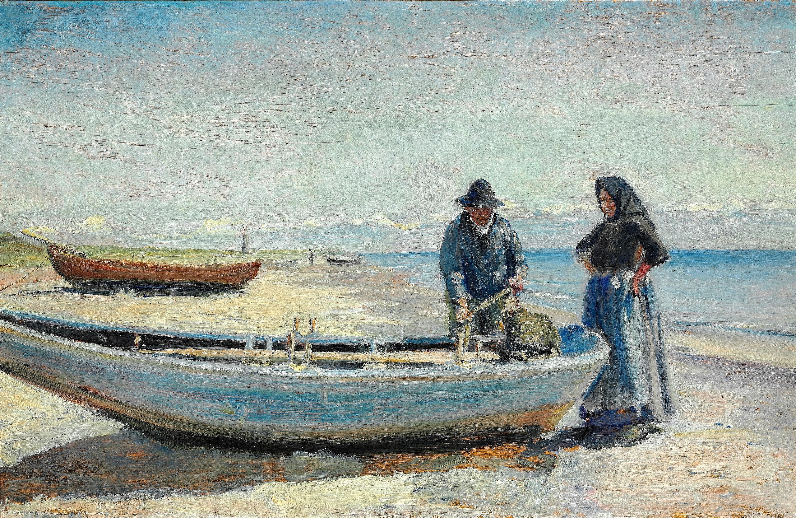 Un pêcheur et sa femme sur la plage de Skagen Sønderstrand, près d'un bateau. Un phare se profile à l'horizon. - Michael Peter Ancher