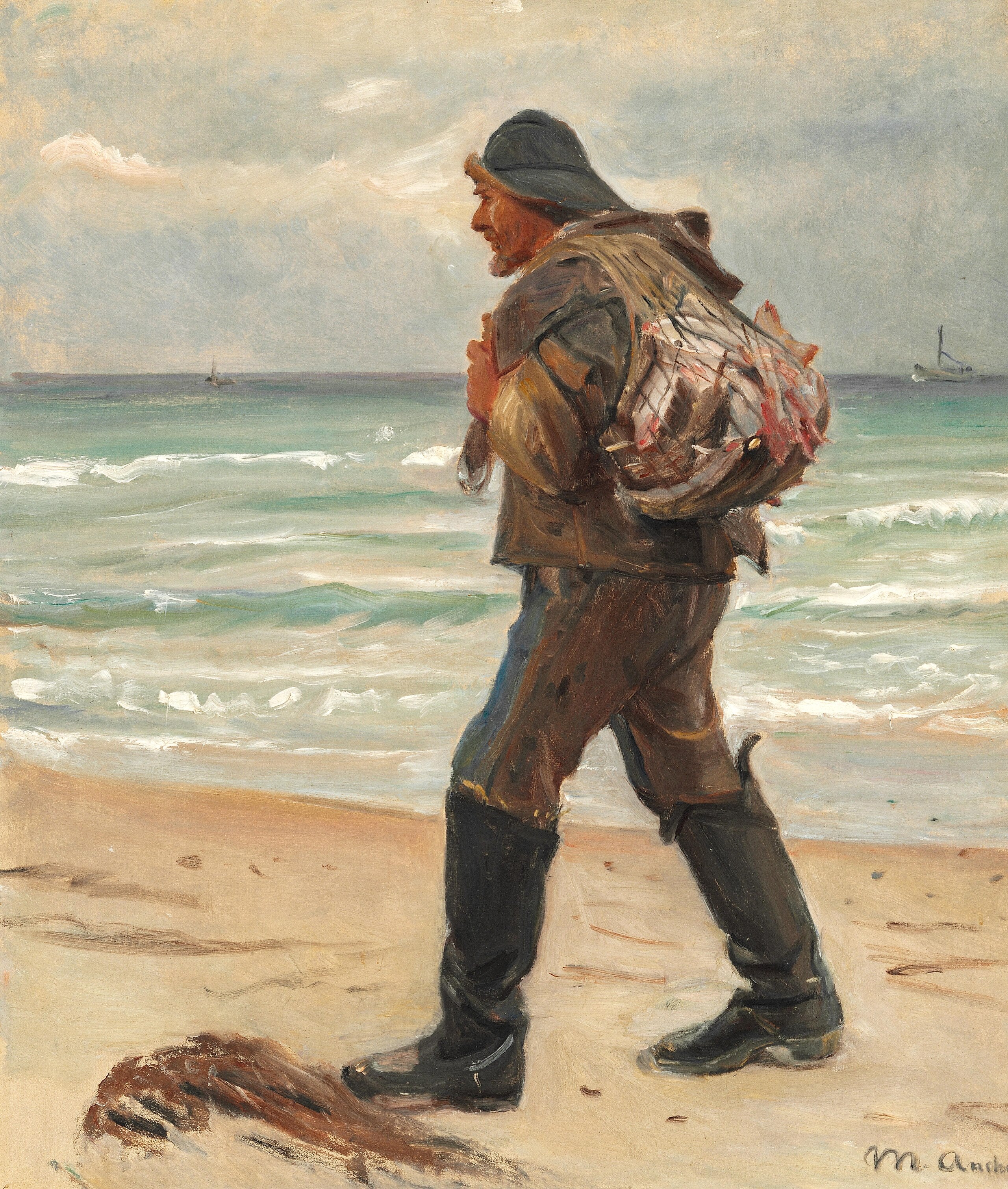 Un pêcheur sur la plage de Skagen transporte sa pêche du jour sur son dos. - Michael Peter Ancher
