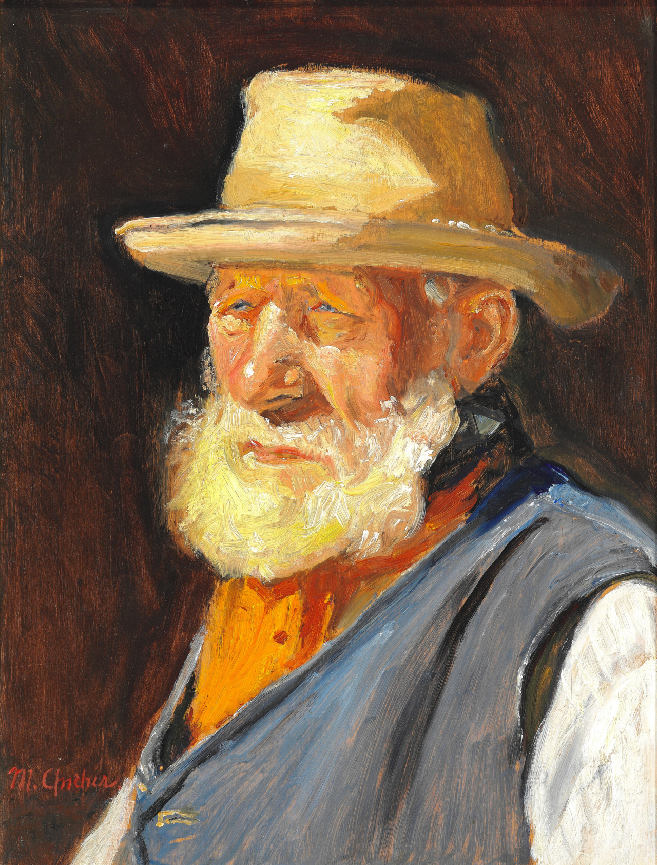 Un vieux pêcheur au soleil, coiffé d'un chapeau d'été léger et vêtu d'un gilet bleu. - Michael Peter Ancher