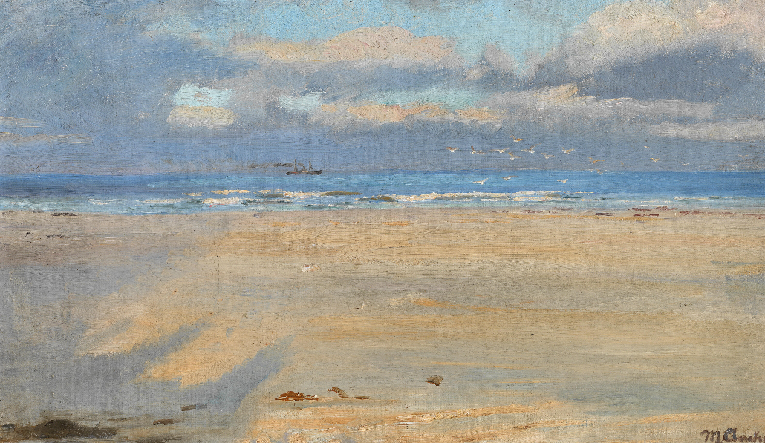 Vue depuis la plage de Skagen. Un navire à l'horizon. - Michael Peter Ancher